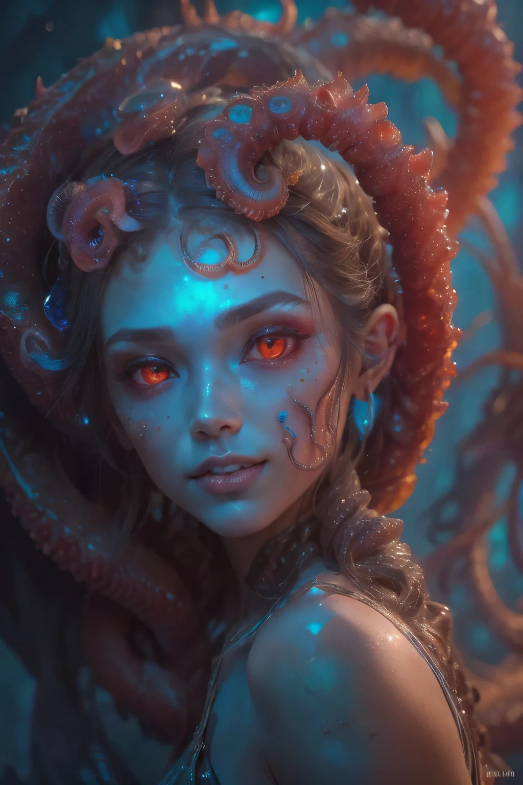 Portrait, (beautiful female alien:1.2), (she has red eyes with no pupils:1.8), (Translucent skin:1.7), (There is a female genital-like organ in the middle of the forehead..:1.9), (The most beautiful face in the history of the universe:1.2),an evil gaze that seduces, (large mouth:1.1), (sharp teeth like a vampire:1.2), Full body portrait, (bio luminescent:1.5), (Smile wickedly:1.3), (sexypose:1.5), alien, No humans, cells are fused, (Lots of translucent tentacles:1.3) extraterrestrial, cell, bio image, best quality, 8K,In 4K_quality, High freshness, Dramatic Lighting, masutepiece:1.5,cinematic quality, detail up, (exquisite details:1.2), high resolution, High freshness, drawing faithfully, (Thick eyebrows:1.2), Beautiful eyes with fine symmetry,(Highly detailed face and eyes:1.2), Intimate face, (Super detailed skin quality feeling:1.4), perfect anatomy, (Beautiful toned body:1.5), (Moist skin:1.2), not wearing makeup, (dark circles:1.1), long canines, cinematic drawing of characters, ultra high quality model, cinematic quality, detail up, (exquisite details:1.2), high resolution, High freshness, drawing faithfully, official art, Unity 8K Wall , 8K Portrait, best quality, Very high resolution, ultra detailed artistic photography, midnight aura, unreal enginee 5, Ultra Sharp Focus, art by alberto seveso, ArtGerm, Roisch, intricate artwork, best quality, masutepiece, ultra high resolution, (photos realistic:1.4), ultra realistic realism, dream-like, nautilus, Creation of fantasy, Snail, Dream Snail, biopunk nautilus, Thrilling color schemes, ultra realistic realism, seductively smiling, Blue tentacles,