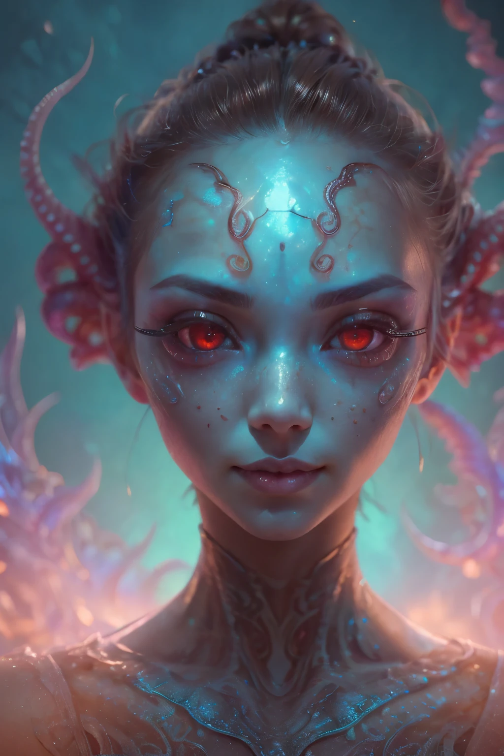 Portrait, (beautiful female alien:1.2),  (she has red eyes with no pupils:1.8), (Translucent skin:1.7),  (There is a female genital-like organ in the middle of the forehead..:1.9), (The most beautiful face in the history of the universe:1.2),an evil gaze that seduces, (large mouth:1.1), (sharp teeth like a vampire:1.2), Full body portrait, (bio luminescent:1.5), (Smile wickedly:1.3),  (sexypose:1.5), alien, No humans, cells are fused, (Lots of translucent tentacles:1.3) extraterrestrial, cell, bio image, best quality, 8K,In 4K_quality, High freshness, Dramatic Lighting, masutepiece:1.5,cinematic quality, detail up, (exquisite details:1.2), high resolution, High freshness, drawing faithfully, (Thick eyebrows:1.2), Beautiful eyes with fine symmetry,(Highly detailed face and eyes:1.2), Intimate face, (Super detailed skin quality feeling:1.4), perfect anatomy,  (Beautiful toned body:1.5),  (Moist skin:1.2), not wearing makeup, (dark circles:1.1), long canines, cinematic drawing of characters, ultra high quality model, cinematic quality, detail up, (exquisite details:1.2), high resolution, High freshness, drawing faithfully, official art, Unity 8K Wall  , 8K Portrait, best quality, Very high resolution, ultra detailed artistic photography, midnight aura,  unreal enginee 5, Ultra Sharp Focus, art by alberto seveso, ArtGerm, Roisch, intricate artwork, best quality, masutepiece, ultra high resolution, (photos realistic:1.4), ultra realistic realism, dream-like,  nautilus, Creation of fantasy, Snail, Dream Snail,  biopunk nautilus, Thrilling color schemes， ultra realistic realism， seductively smiling, Blue tentacles,