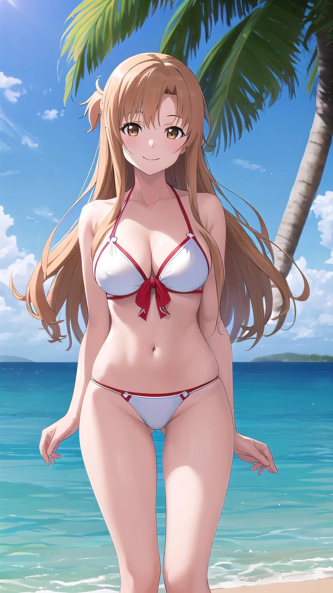 (best quality:1.5, highres, UHD, 4K, detailed lighting, shaders, HDR), asuna yuuki, light brown long hair, large breasts, white bikini, thighs, crotch, smiling, standing, sexy, hot, close shot, beach background