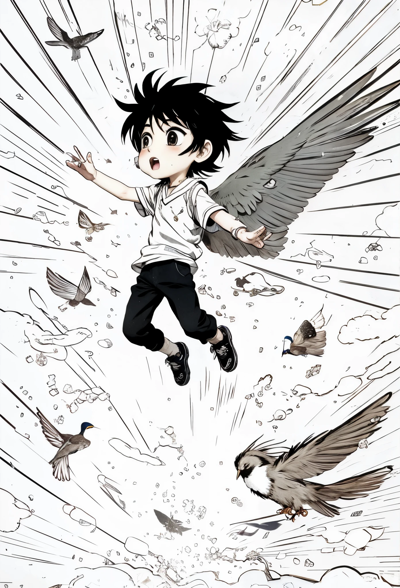 Black line, manga style, illustrated, a confused boy magically flying together with a little bird friend.