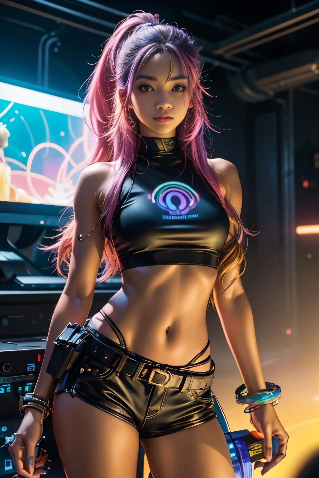 mulher arafed (Asian African American))with long rainbow hair and a neon cyberpunk tank top, retrato, Ela tem um rosto bonito, Imagens da Webcam, clivagem, peituda, sexy look at the camera, Fotografado na webcam, 4 8 0 p, 480p, Seu peito, she's facing the camera, gorgeous female, fundo do clube de discoteca, RGB, LED Rave Lighting