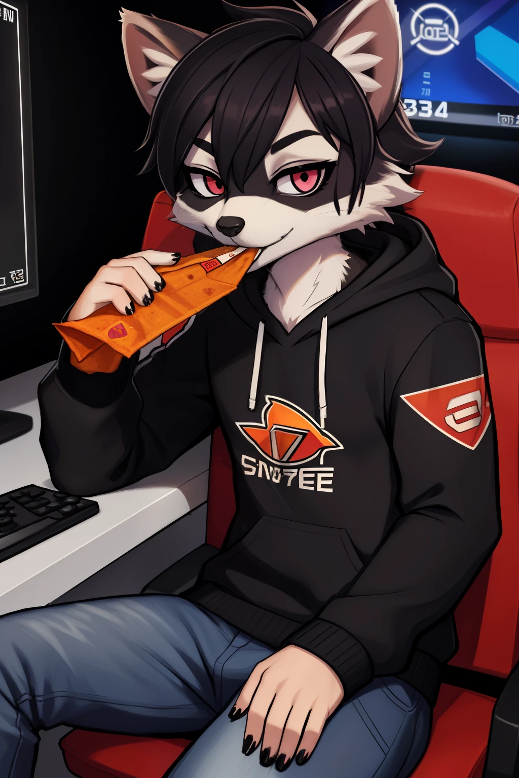 Sfw, Furry male gamer raccoon, wearing gaming clothes, high detailed, eating doritos, cool emo hair