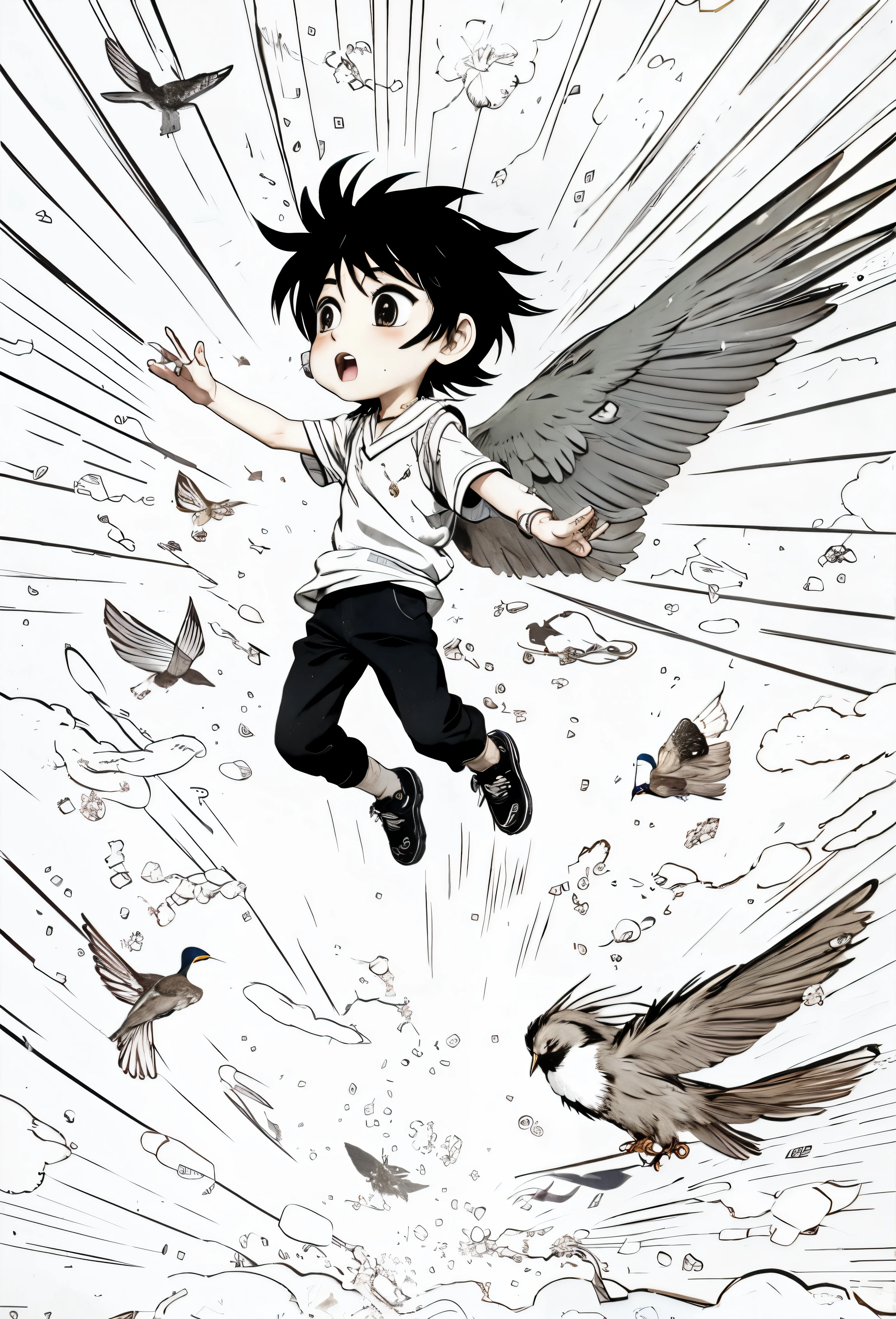 Black line, manga style, illustrated, a confused boy magically flying together with a little bird friend.