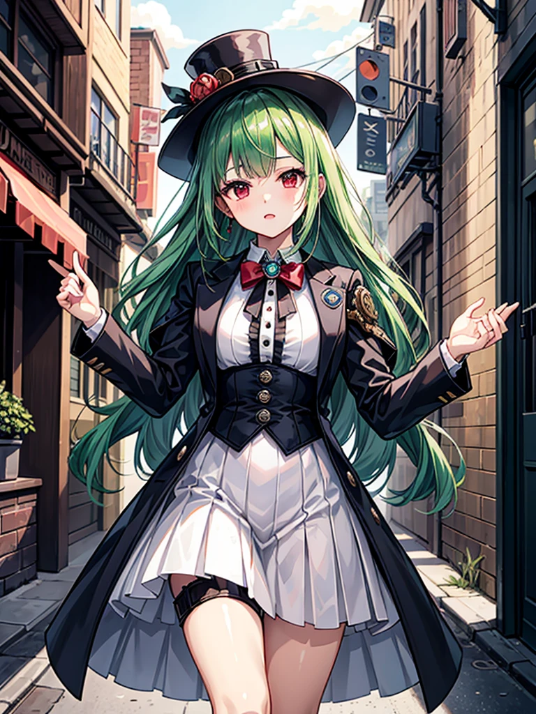 （（（masterpiece、Highest image quality、highest quality、highly detailed unity 8ｋwallpaper）））、（（Illustration of one girl））、（（（beautiful girl）））、（（green hair、long hair、straight、red eyes））、（（Men：1.2、silk hat、tuxedo））、（steampunk、１９street corner of the century）