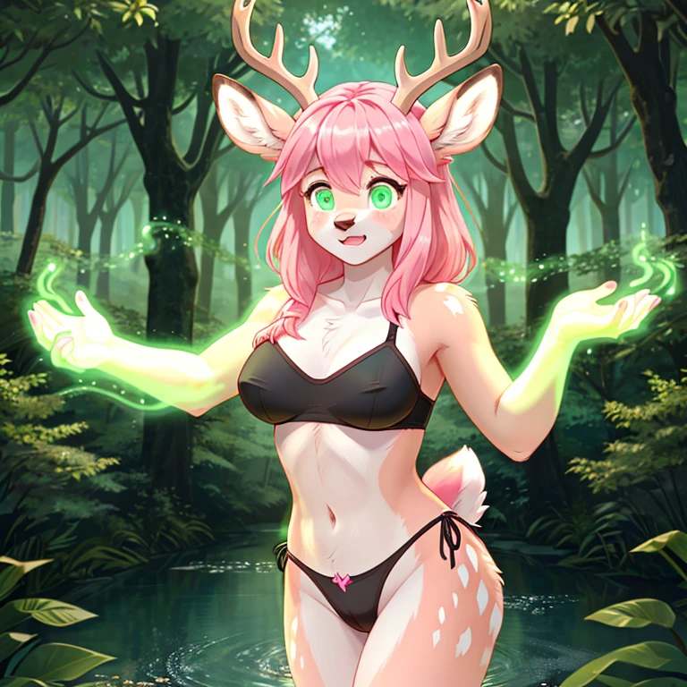 Short shocked Female deer with pink fur long Pink hairs and glowing Green eyes wearing Black bra and panties looking at her hand while other hand is on her breast there is some traces of magic floating around her she is in a forest she is right after gender change