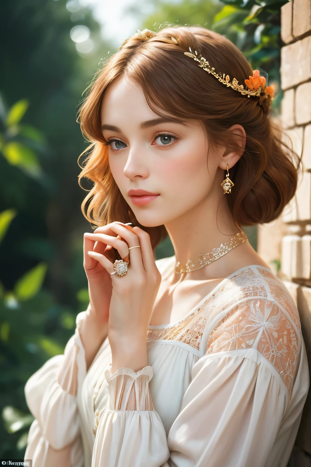 a beautiful woman with a ring on her finger, in the style of visually poetic, color photography pioneer, delicate and intricate details, pre-raphaelitism, light orange and white, candid shots of famous figures