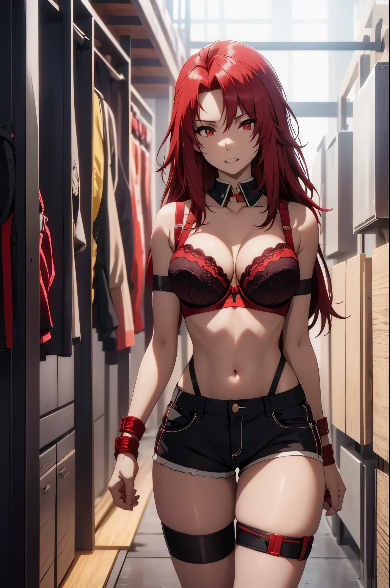 red eyes,red eyes,cleanched teeth,(((bra,shorts))),perfect eyes,best quality,(bound bdsm bondage)