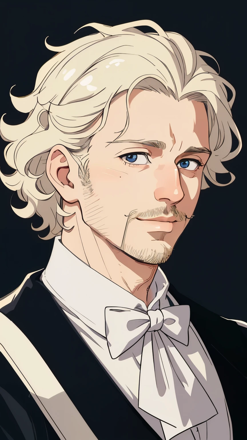 ((face close up)),small fat, nihilistic smile,((curly nose beard)),((masterpiece:1.2, highest quality)), 4K, 1 person, , mature, painter with a brush,mozart blonde, amount, white tuxedo, portrait, highly detailed face, (logic:1.4, broad shoulders:1.4, disciplined body),bossy pose,