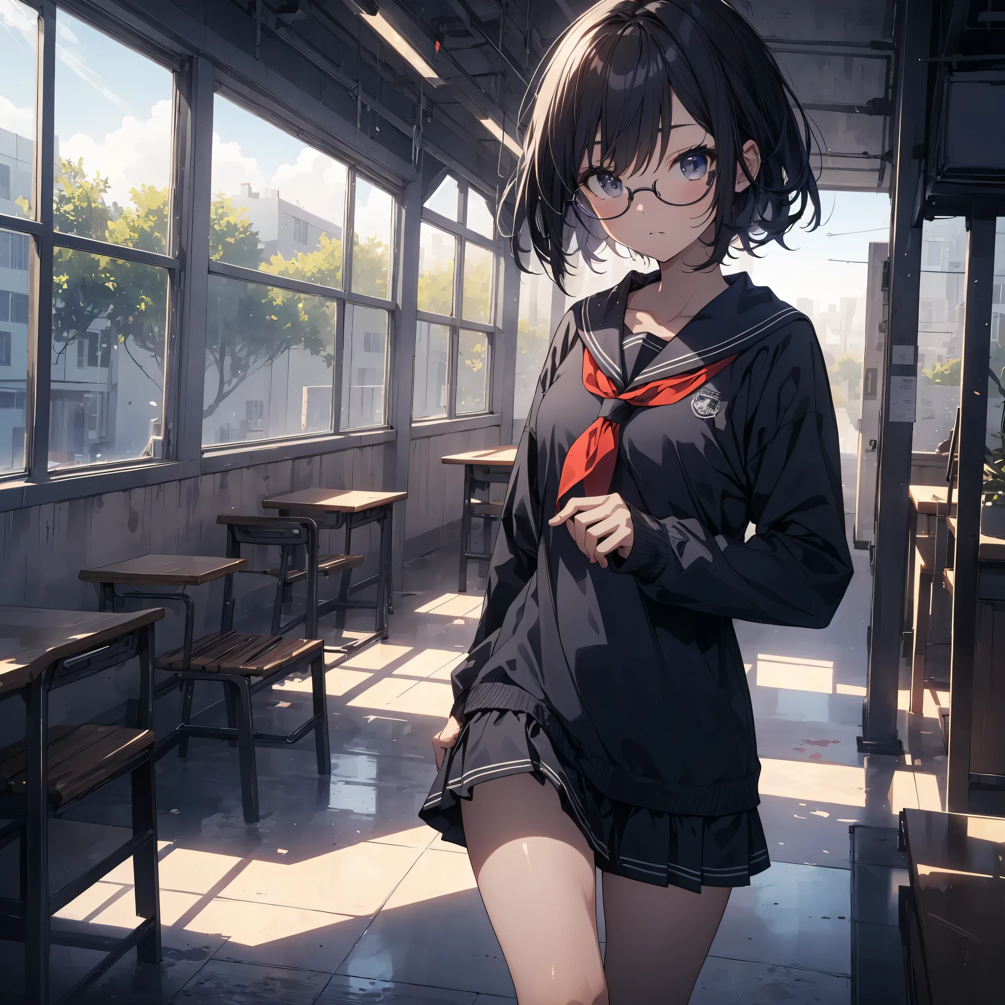 Super high quality by the art god, super detailed, High resolution, gwai&#39;s style, anime moe art style, best anime 8k konachan wallpaper, pixiv contest winner, perfect anatomy, break,(校舎をalone歩いている女の子の絵を描いてください.),break, surreal high school girl, (alone,loli face,15 years old:1.3),complete limbs, full finger,high school student, ((wearing glasses,very short hair)), flat and soft chest,  small ass, between legs, small eyes,Detailed and beautiful black eyes, Well-proportioned iris and pupils, High resolutionの詳細な髪, ((sailor uniform)),Inside the school,break,super dense skin,Best lighting by famous artists, 8K,illustration.