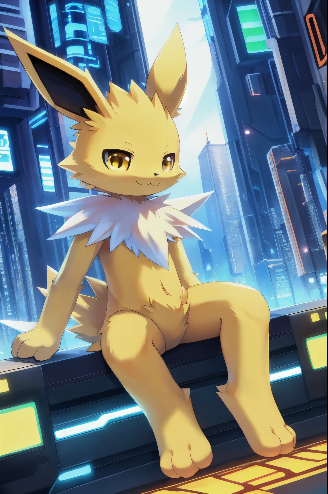 Jolteon, anthro, young, yellow body fur, yellow eyes, detailed body fur, detailed face, detailed eyes, glistering body, shiny body, gorgeous body, masterpiece, high quality, feets whit three toes, sitting, cyber city, electric, clear sky, :3, full body, 