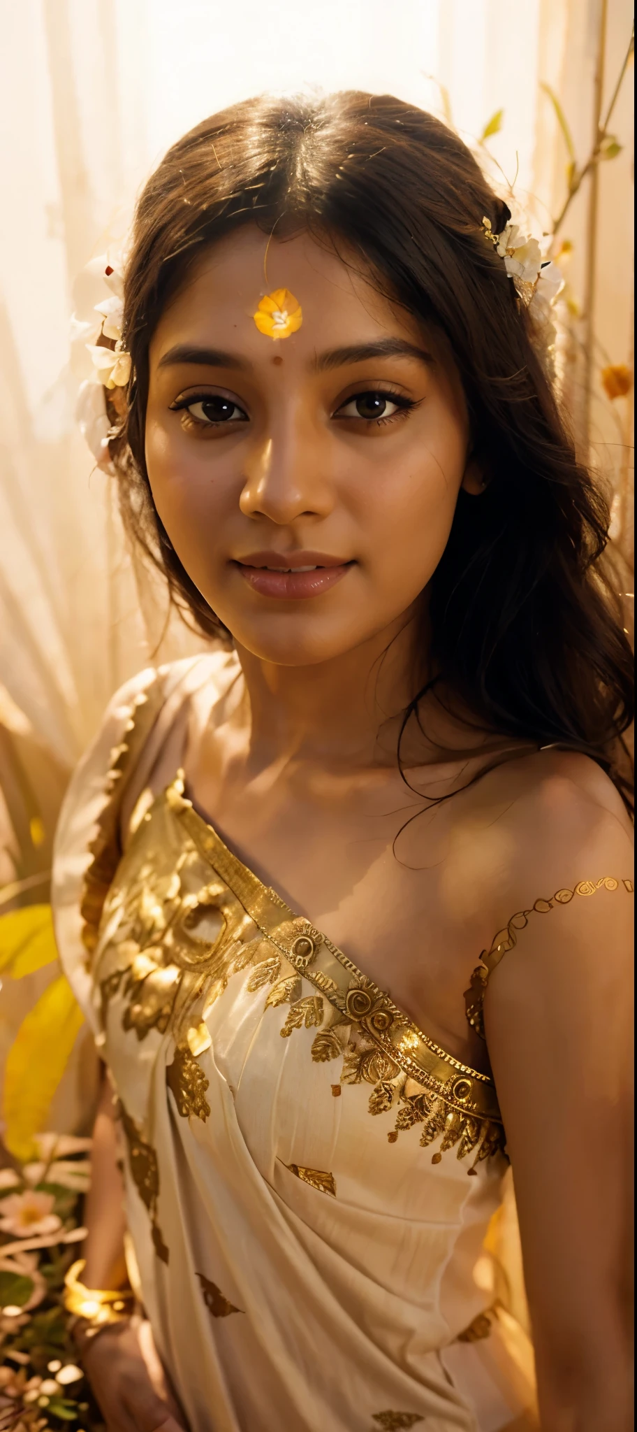 Radha, the hindu goddess of love and devotion, standing in a blooming flower garden, bathed in soft golden sunlight, the painting should be intricate, Highly detailed, and exude a sense of tranquility and divine beauty, artists to reference: artgerm, Greg Rutkowski, magali villeneuve, alphonse mucha