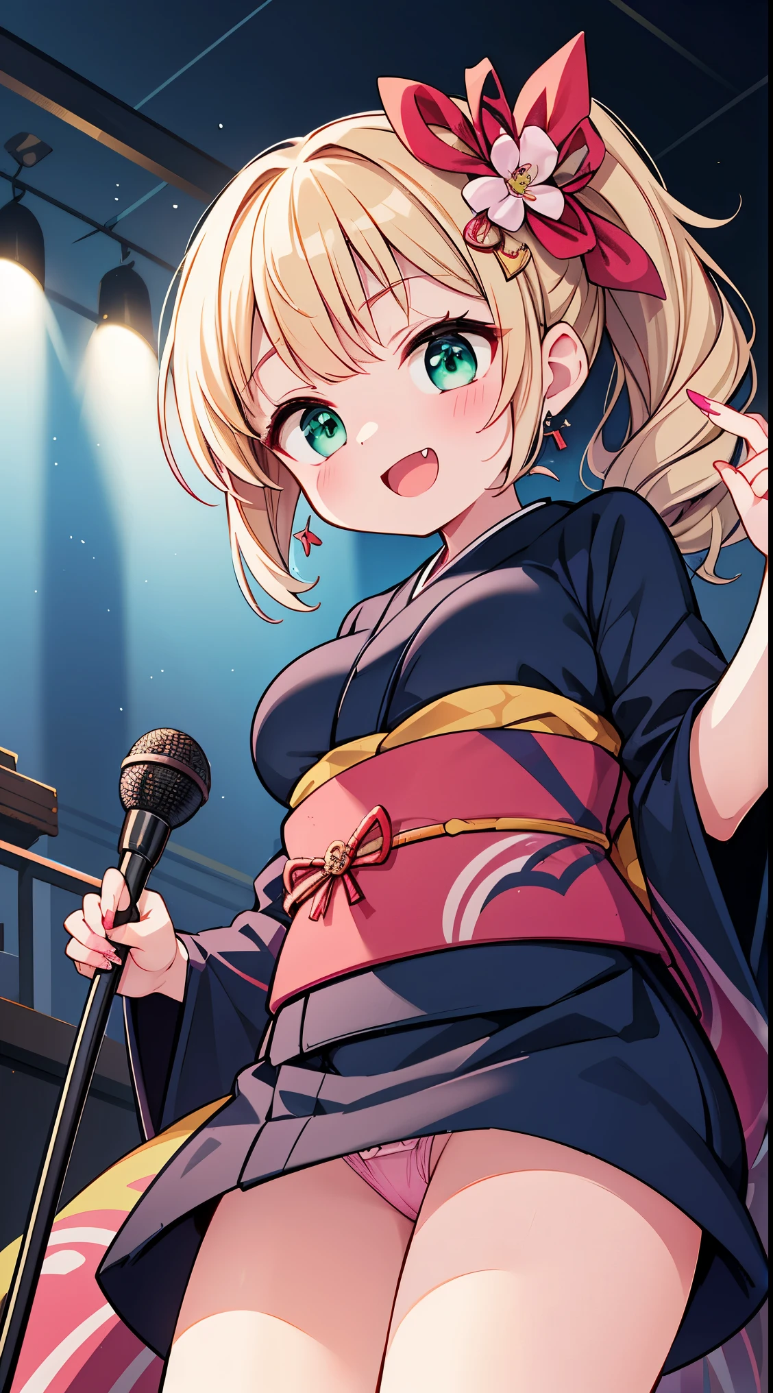 (masterpiece, top quality, best quality, official art, beautiful and aesthetic:1.2),ultra-detailed,intricate details,amazing illustration,award-winning art,atmospheric,
BREAK,BREAK,1 beautiful girl, girl, (cute:1.5),(chibi:0.5),(cute:2.0),(:2.0),(12 year old girl),(big breasts:1.65),(chin hair,blond hair,blue bow,green eyes,eyebrows showing through hair,side locks,split bangs long hair, hair flowers, hair ornament, big bows in hair, curly hair, ponytail:1.6),:el, white feathers, one slender white winged, Ang el wings, spread wings, shining wings),pit \black},sparkling skin, clear skin, glowing beautiful skin, open mouth, bashful smile, solo, fangs, upper teeth,(long eyelashes, double eyelids:1.2),solo, sparkling skin, clear skin, glowing beautiful skin,(top quality face),(top quality shining eyes),(fun, happy fluttering:1.45)
BREAK, (Japanese kimono:1.35),kimono, ultra detailed texture kimono, rainbow paint kimono, paint bulb, paint drops,(fingernails:1.2),(hair ornaments, earrings, hair ornaments),(pink panty:1.35),
BREAK
singing, shouting, microphone, (holding microphone stand:1.2), (leaning forward:0.7), serious,
BREAK
spotlight, stage lights,
BREAK,wakame,wakame,wakame,(from below,Cowboy Shot:1.4),
BREAK,(Blurry background:1.3),(absurderes, hight resolution, Super Detail Art),cel shading,Clear Color, Lonely optical effect, Beautiful pictures, Bright glow, mystic atmosphere,(Close-up of girl:1.1), Mystical light particle effect,manga influence, clean line drawings,