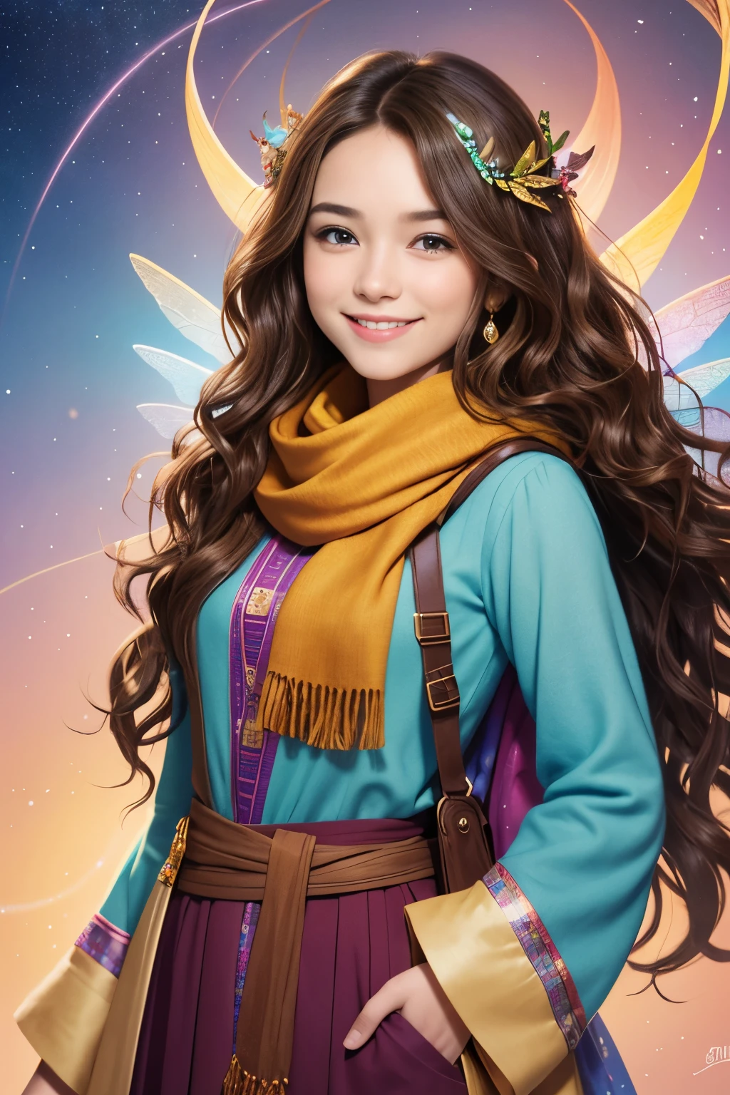 girl, curious, fearless, smiling, wavy brown hair, dressed in colorful clothes and a magical scarf, next to the old fairy queen