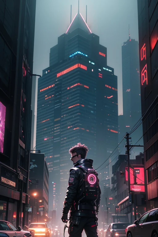 (best quality,4k,8k,highres,masterpiece:1.2),ultra-detailed,(realistic,photorealistic,photo-realistic:1.37),a cyberpunk boy,curly hair,glasses,brown hair,cybernetic implants,neon-lit cityscape,crowded streets,futuristic fashion,light trails,tech gadgets,hovering drones,reflective surfaces,metallic textures,holographic projections,urban decay,glowing cybernetic eyes,dystopian atmosphere,gritty alleyways,high-tech weaponry,vibrant neon colors,technological advancements,cool and confident expression,dark and mysterious aura,nighttime ambiance,secretive persona,electronic music beats,city skyline silhouette,megatowers reaching the sky,stealthy movements,wireless connections,futuristic transportation,cyberpunk aesthetic,digital enhancements,mixed reality experiences,high-tech earpiece,cybernetic arm prosthetics,urban exploration,advanced cybernetics,high-tech street art,alternative reality,advanced AI companions,city smog and haze,technological surveillance,emerging technologies,prototype cybernetic enhancements,hidden underground networks