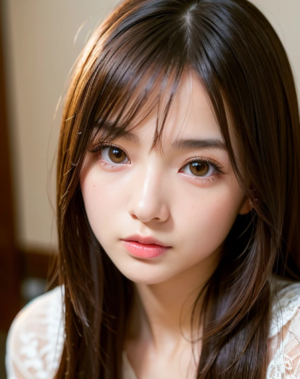 best quality, face focus, soft light, ultra high res, (photorealistic:1.4), RAW photo,
1japanese girl, solo, cute, (pupil, lights in the eyes),  detailed beautiful face, (small chest),(high resolution detail of human skin texture),
(long hair),
indoor,
Damask Shirt Dress,
(portrait)