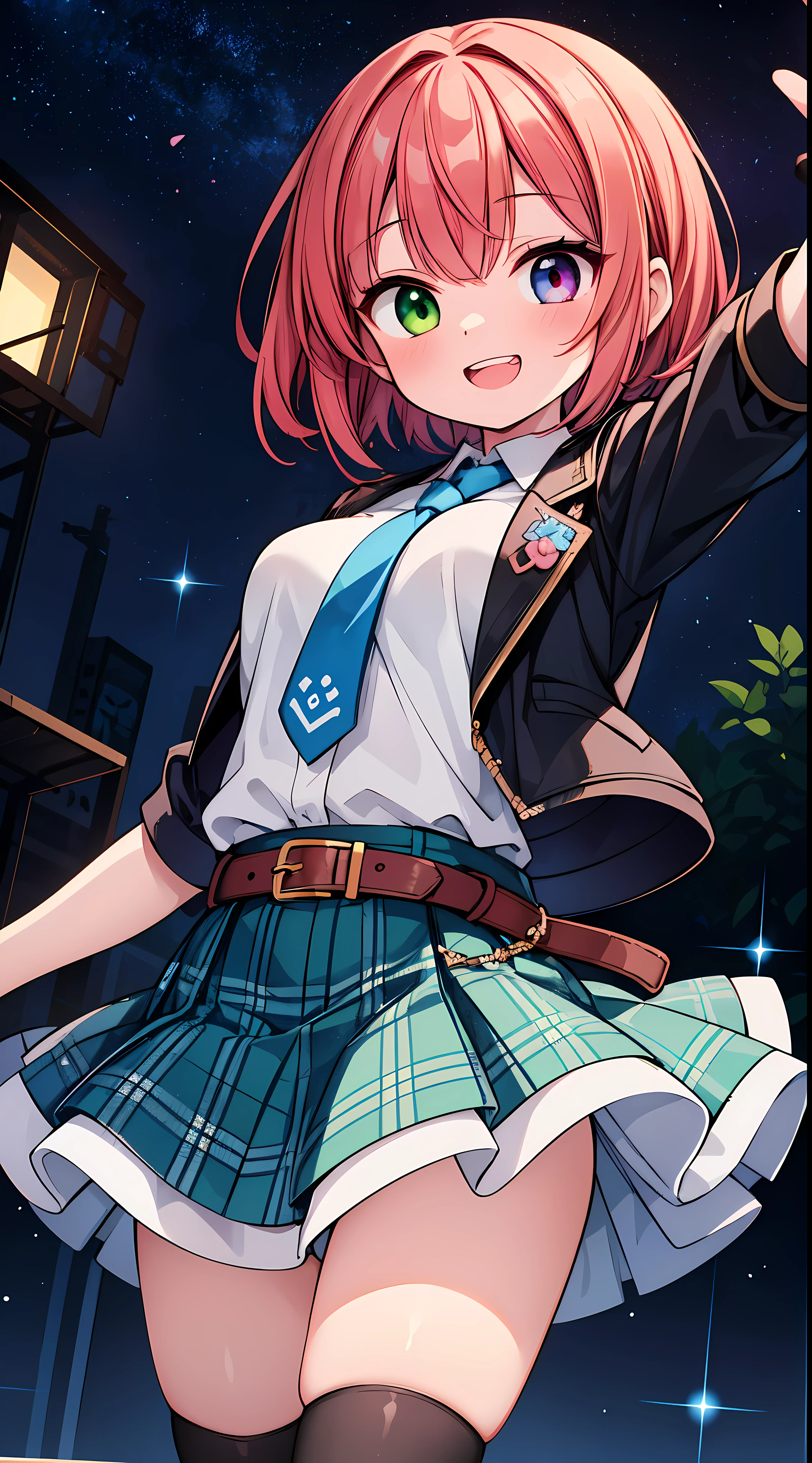 (masterpiece, highest quality, highest quality, official art, beautiful and aesthetic:1.2),super detailed,intricate details,great illustrations,award winning art,in the atmosphere, 
break, 1 beautiful girl, (cute:1.5), (Little: 0.8), (cute: 1.5), (upon: 0.5), (17 year old girl), break(redhead, short hair,two bun hair:1.4),(:D,grin and laugh:1.3),( heterochromia,blue eyes,green eyes, eye highlights,first ultrafine star:1.45) Star eyes silhouette thick eyelashes, naked boobs double eyelids:1.2),(white skin),break,transparent skin,beautiful skin, ,(highest quality faces),(The most brilliant eyes),(best smiling face,:D:1.45),
break,arm under chest,

break, tie, leather jacket, plaid skirt, belt, boots, black legwear,
break
singing, shout, microphone, (holding microphone stand:1.2), (leaning forward:0.7), Severe,
break
spotlight, stage light,
break,Seaweed,Seaweed,Seaweed,(cowboy shot:1.4),

break,(blurry background:1.3),(absurd, High resolution, super detail art),cel shading,clear color, lonely optical effect, beautiful photo, bright shine, mysterious atmosphere,(girl close-up:1.1), mysterious light particle effect,Manga influence, beautiful line drawing,