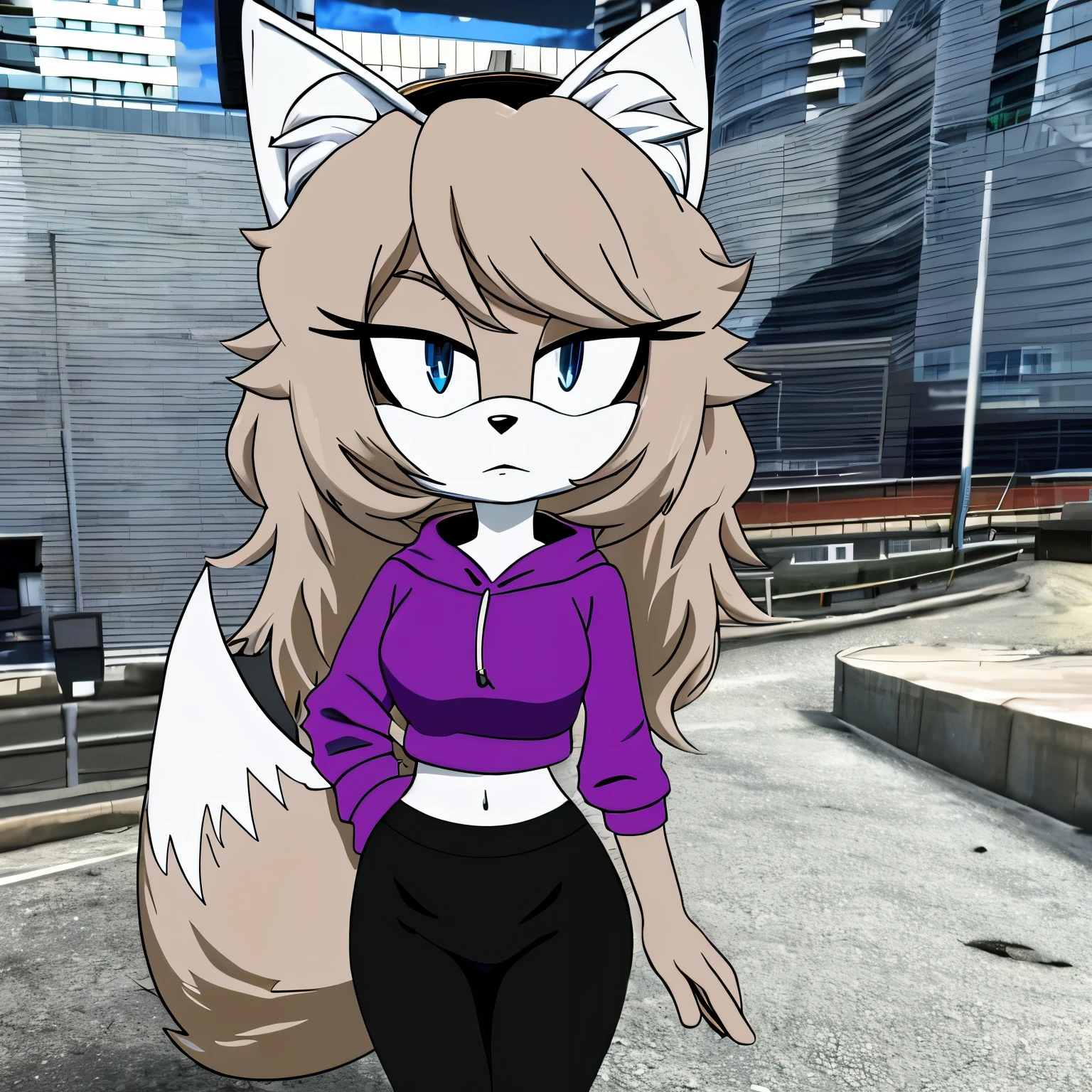 mobian, female, fox, pale pinkish brown fur, blue eyes, purple hoodie, black skirt, black leggings, sport shoes, city, detailed, masterpiece, breasts, hips, half-closed eyes, looking at the viewer, long hair, messy hair, slim body, standing, fox ears, fox girl, 1 fluffy tail, black hairband, (((2D Anime Style))), (great detail)