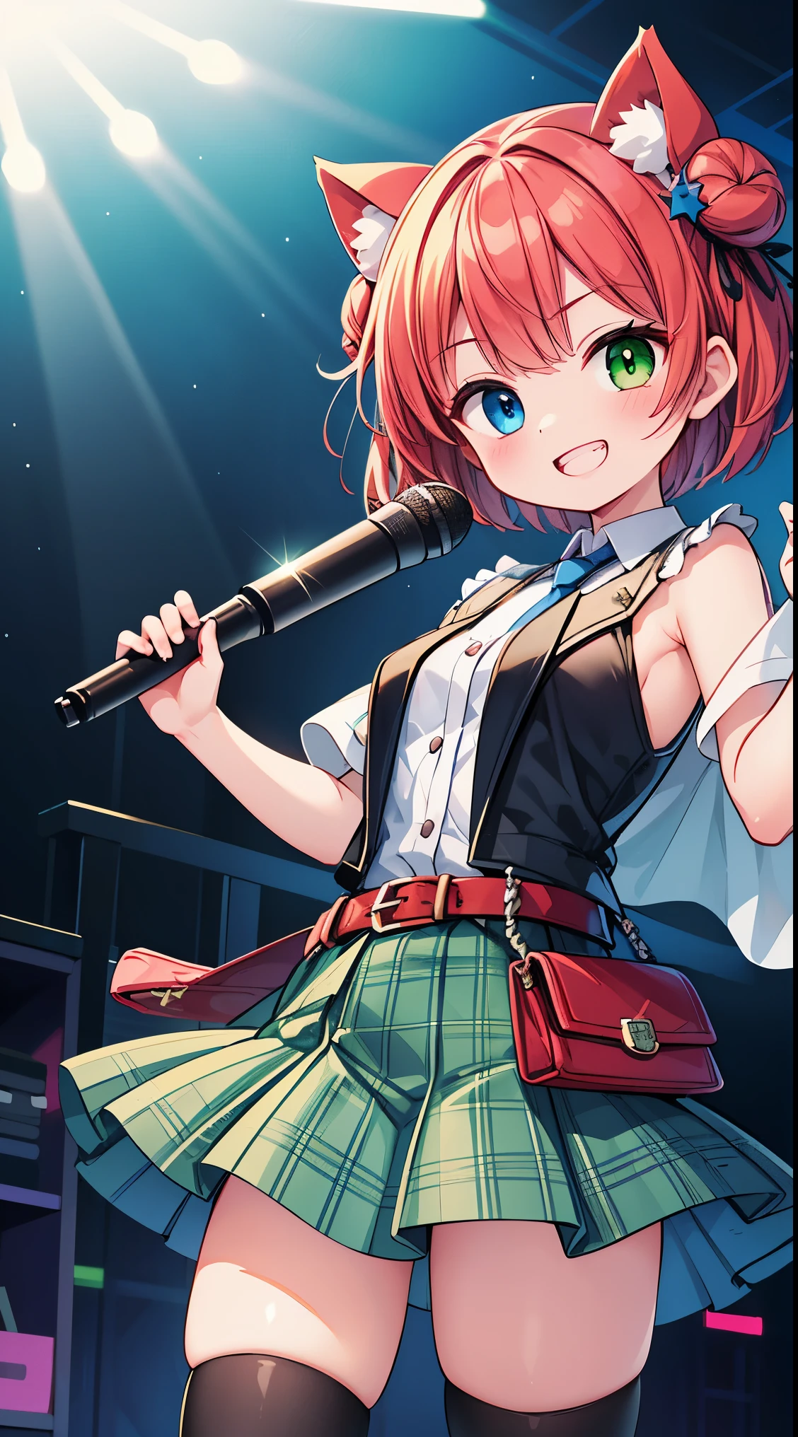 (masterpiece, top quality, best quality, official art, beautiful and aesthetic:1.2),ultra-detailed,intricate details,amazing illustration,award-winning art,atmospheric,
BREAK, 1 beautiful girl, (kawaii:1.5), (Chibi: 0.8), (kawaii: 1.5), (Lori: 0.5), (17 years old girl), BREAK(Red hair, short-hair,Two bunsThe hair:1.4),(:D,grin:1.3),( Heterochromia,The blue eye,The green eye, Eye Highlights,The first hyperfine stars:1.45) star the eye silhouette thick eyelashes, naked boobs double eyelids:1.2),(de pele branca),BREAK,Clear skin,Beautiful skin, ,(top quality faces),(The eye shines with the highest quality),(best lol faces,:D:1.45),
BREAK,arms below breasts,
BREAK, necktie, leather jacket, plaid skirt, belt, boots, black legwear,
BREAK
singing, shouting, microphone, (holding microphone stand:1.2), (leaning forward:0.7), serious,
BREAK
spotlight, stage lights,
BREAK,wakame,wakame,wakame,(Cowboy Shot:1.4),
BREAK,(Blurry background:1.3),(absurderes, hight resolution, Super Detail Art),cel shading,Clear Color, Lonely optical effect, Beautiful pictures, Bright glow, mystic atmosphere,(Close-up of girl:1.1), Mystical light particle effect,manga influence, clean line drawings,