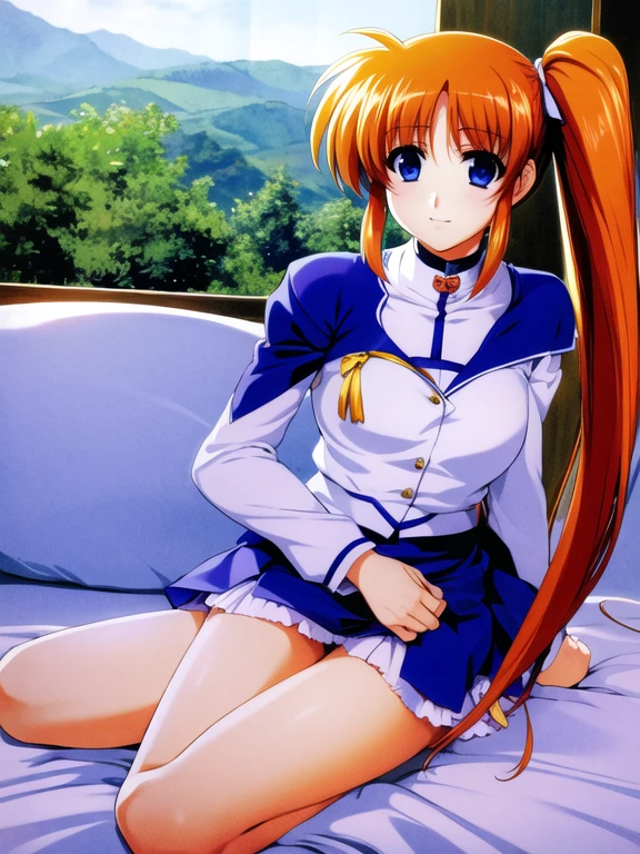 Super high quality、3Dimage:1.5、Nanoha、solo、(highest quality:1.2),highly detailed face, (Magical Girl Lyrical Nanoha), one girl、null、long hair, blue eyes, brown hair, hair ribbon, (side ponytail:1.5), white ribbon,break magical girl, Jacket, collar, puffy sleeves, long sleeve, white jacket,a little blue, Nagai skirt、Highly detailed CG, (perfect hands, perfect anatomy),whole、Front view、solo、best pictures, soft light,8Ｋimage、Take off your clothes and seduce me on the bed、Masturbate naked and climax