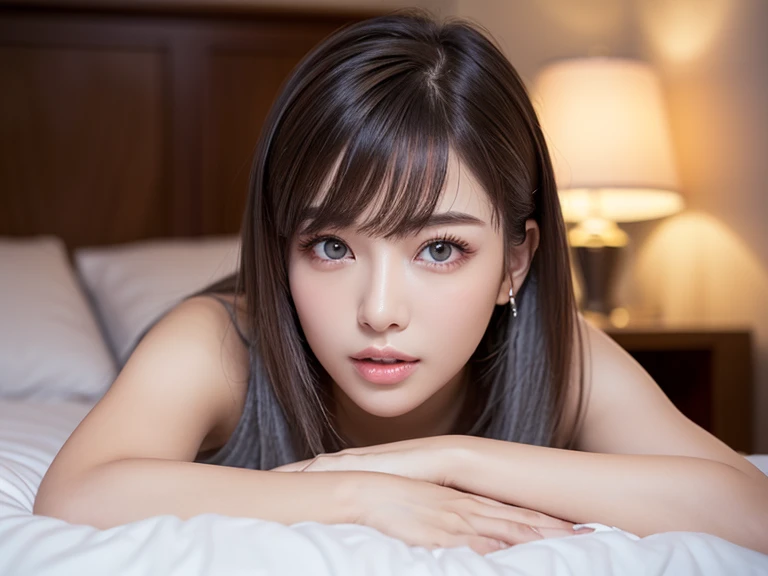 ((Realistic lighting、top-quality、8K、​masterpiece:1.3))、Clear focus:1.2、1girl in、Pretty Face、The most beautiful girl in the world、beauty with perfect body:1.4、Slim abs:1.1、((platinum-blown-hair、Colossal tits:1.3))、(Wearing ultra-thin white lace underwear:1.4、Gray stockings:1.2、)、(outside of house、Daytime:1.1)、the city street、Super fine face、Narrow-eyed、二重まぶた、Put your hands on your head、(lying on one's side on bed:1.4)、Open your crotch、Seduce me with a sexual expression、Detailed mouth、16-year-old Westerner、Short face、Beautiful light gray eyes that sparkle、Small face beauty、with round face、White beautiful skin、Teak Gloss、glowy skin、long bangs between eyes,、