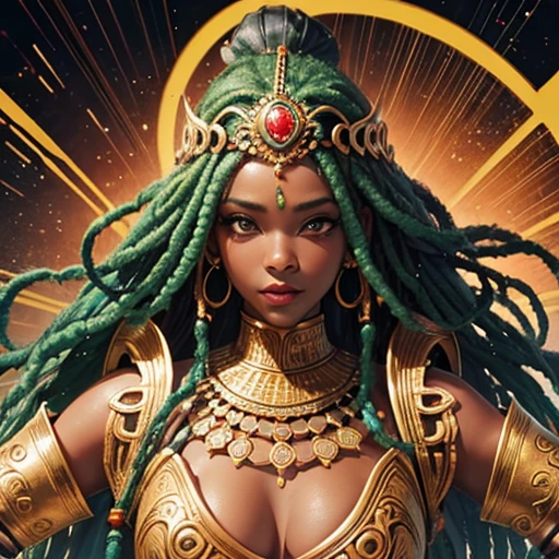 Rainha Africana, rasta comprida, rosto lindo, mamas grandes, armadura, corpo inteiro, corpo perfeito, sentada