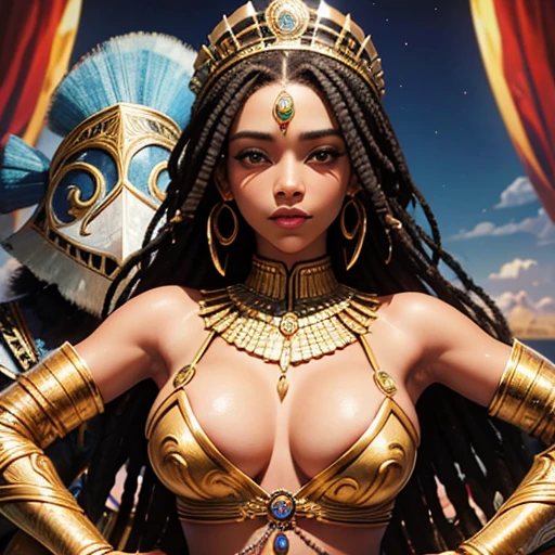 Rainha Africana, rasta comprida, rosto lindo, mamas grandes, armadura, corpo inteiro, corpo perfeito, sentada