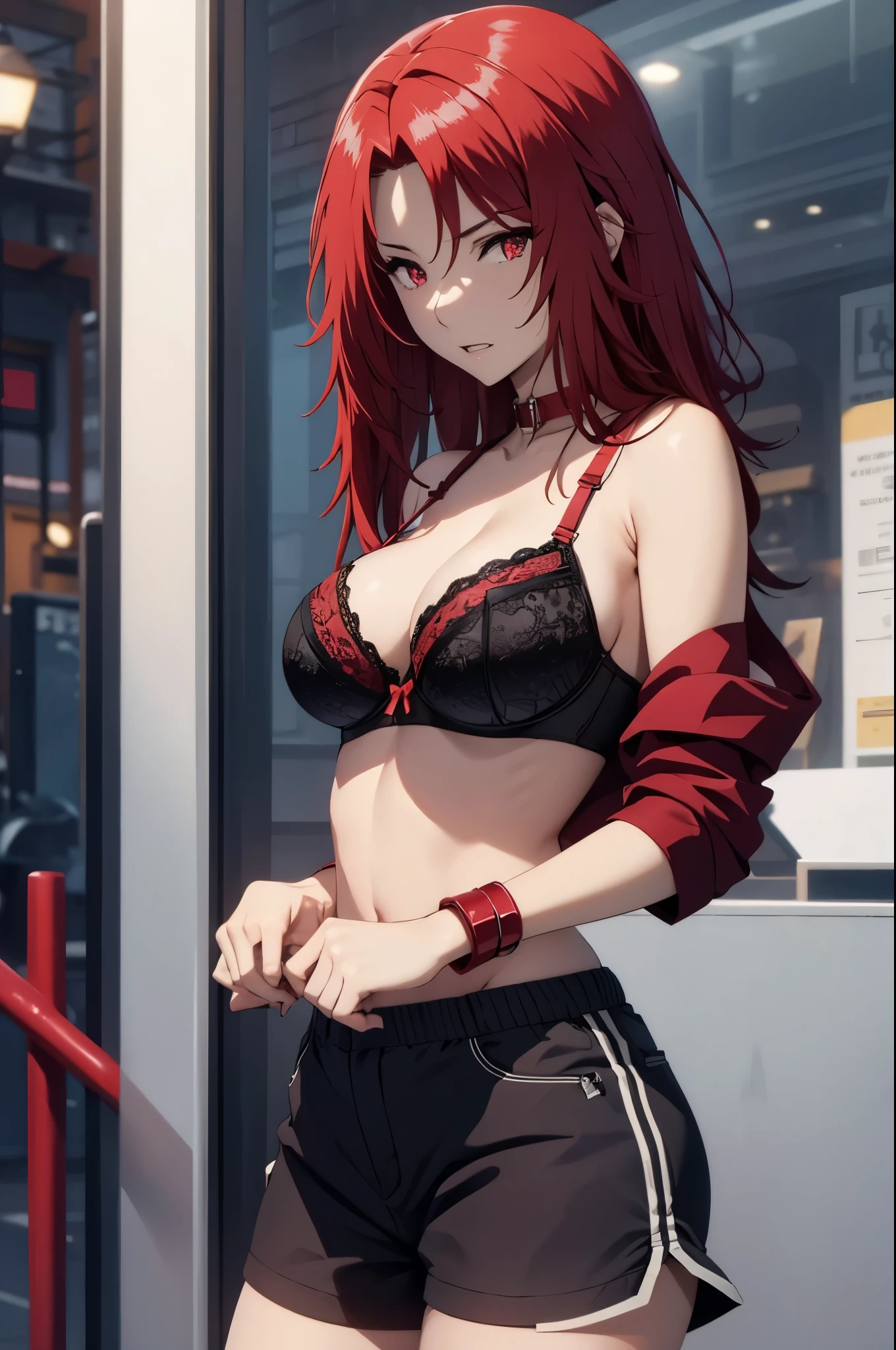 red eyes,red eyes,cleanched teeth,(((bra,shorts))),perfect eyes,best quality,(bound bdsm bondage)
