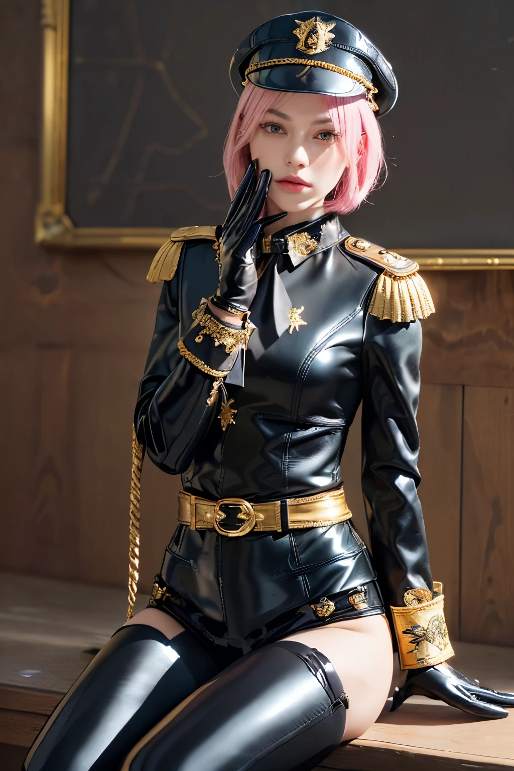 (8K, top-quality, masterpiece:1,2), (reallistic, Photorealsitic:1.37), Super Detail, One girl,), (Highly detailed), (beautifully detailed eyes), (of the highest quality), (super detailed ), (masterpiece), (Detailed face),20yr old, ,1 girl, full body, pink hair,Very short hair, medium breasts, clothed, Perfect Lighting, pussy and breast focus, looking at viewer, aroused face, naughty face, (black and gold theme:1.4), (fit body:1.3), (black peaked cap:1.4), (latex tight black cat suit with black collar:1.4), ((Jabot, cravate):1.4), (Black short cape with elaborate gold embroidery:1.3), ((gold epaulet, gold Aiguillette):1.3), (belt with gold buckle:1.3), (platform HIGH boots:1.1), (glove:1.3), ((Chained: 1.5, rope, handcuffs, yielding, submission, domination)), Sitting, toes, soles, black tights, shoes off.