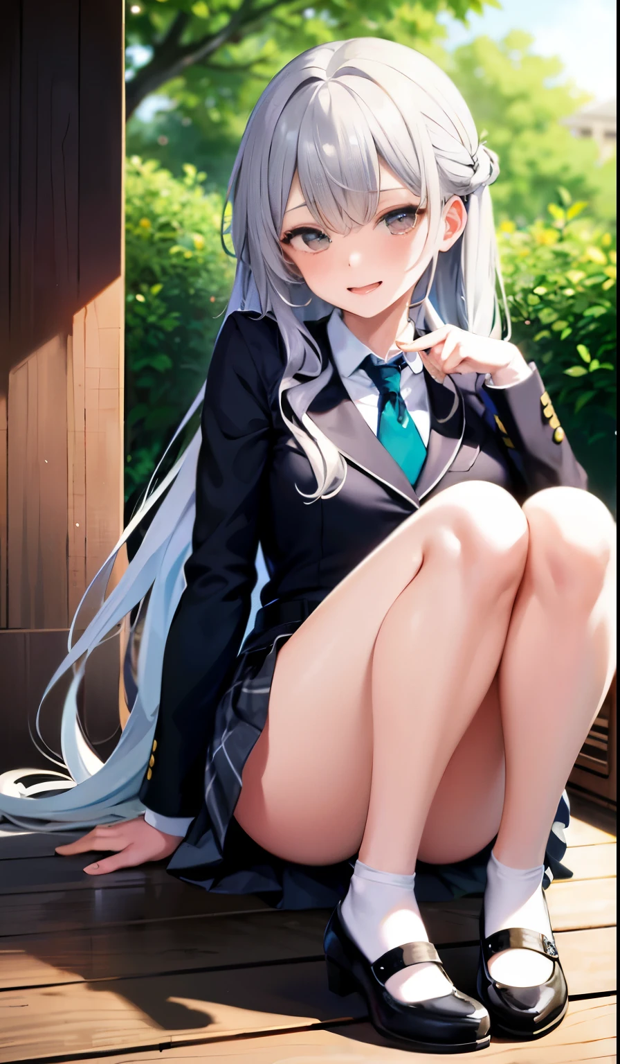 masterpiece:1.3、ultra high resolution:1.3、Beautiful woman、alone、G cup、long hair、two tone hair、beautiful silver hair、sexual excitement、erotic、blush、real moist skin、Stuffy、wet、cute、fashion、uniform、blazer、shirt、skirt、tie、Haori:1.3、outdoors、machine、summer、hand、feet、shoes