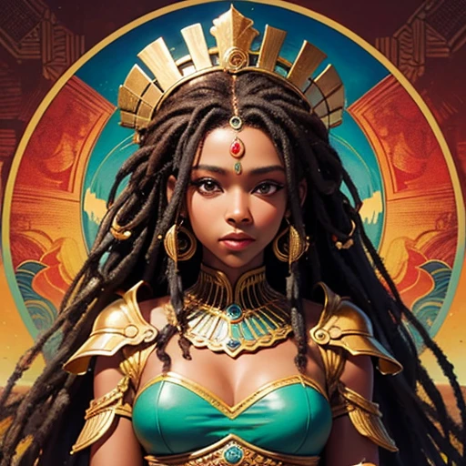 Rainha Africana, rasta comprida, rosto lindo, mamas grandes, armadura, corpo inteiro, corpo perfeito.