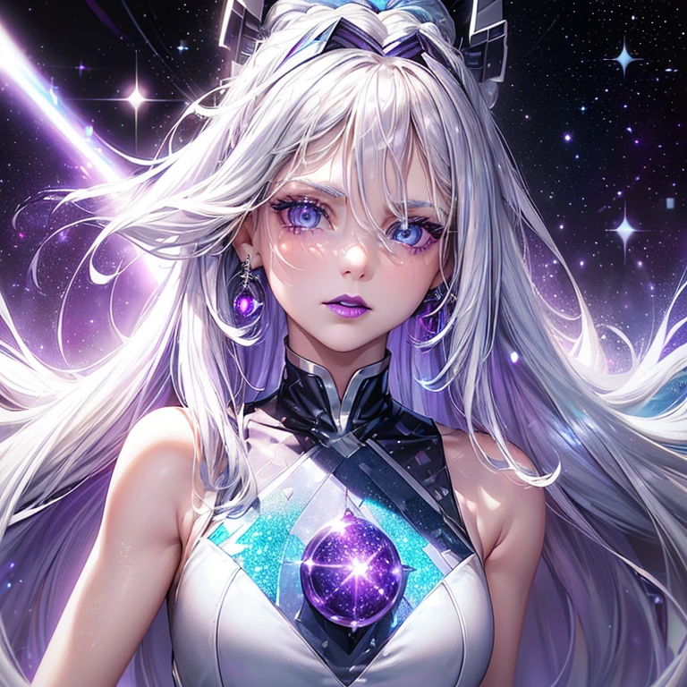 1girl, (solo), (((beautiful, perfect face))), (((long white hair))), (((light blue eyes))), (((silver lipstick))), ((((purple sleeveless dress)))), (((face glitter))), (((outer space))), (((bursting white light in background)))