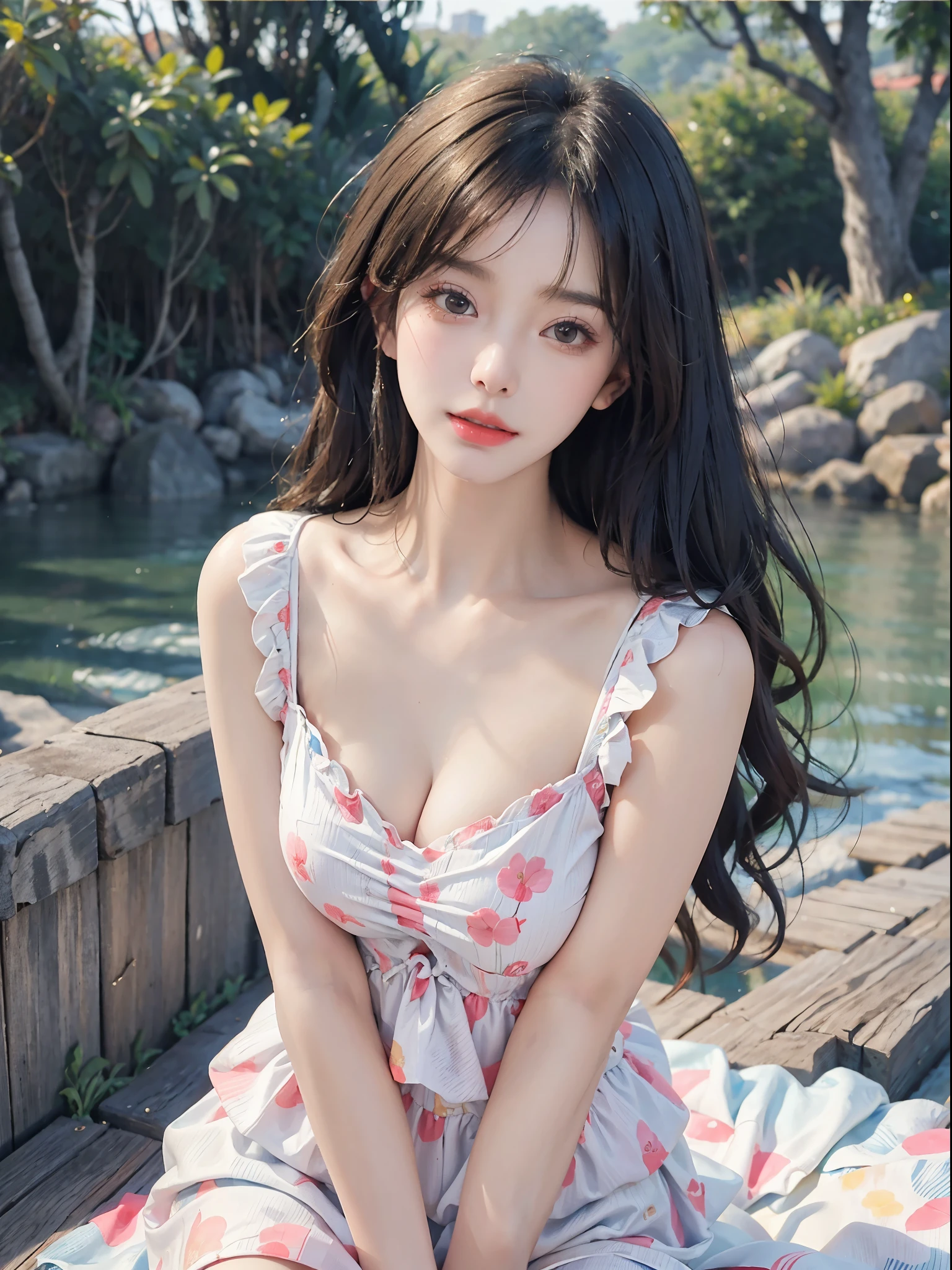 Sweet girl clothes6,print dress, (top-quality、in 8K、​masterpiece:1.2)、(photos realistic:1.2)、超A high resolution、Amazingly fine detail、extra detailed face、Superbly detailed eyes、(Photorealsitic:1.3)、Realistic facial proportions、extremely beautiful lady、独奏、cleavage of the breast、Slimed、hot onsen:1.3、makeups:0.4、(lipgloss、depth of fields、Caustics、Natural Shadow)、(bokeh dof:1.3)、Gaze at the audience with tranquility and goddess-like bliss