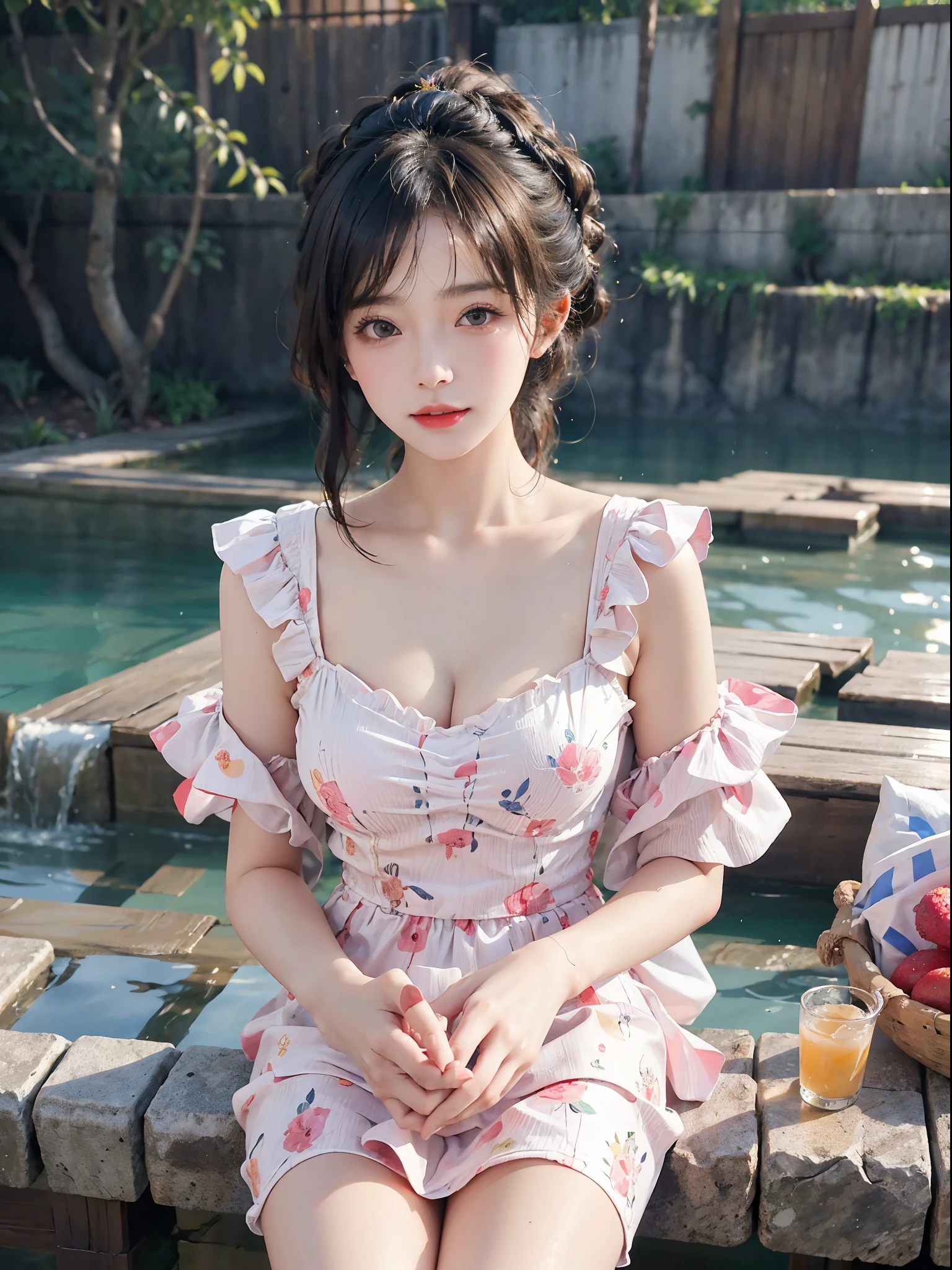 Sweet girl clothes6,print dress, (top-quality、in 8K、​masterpiece:1.2)、(photos realistic:1.2)、超A high resolution、Amazingly fine detail、extra detailed face、Superbly detailed eyes、(Photorealsitic:1.3)、Realistic facial proportions、extremely beautiful lady、独奏、cleavage of the breast、Slimed、hot onsen:1.3、makeups:0.4、(lipgloss、depth of fields、Caustics、Natural Shadow)、(bokeh dof:1.3)、Gaze at the audience with tranquility and goddess-like bliss