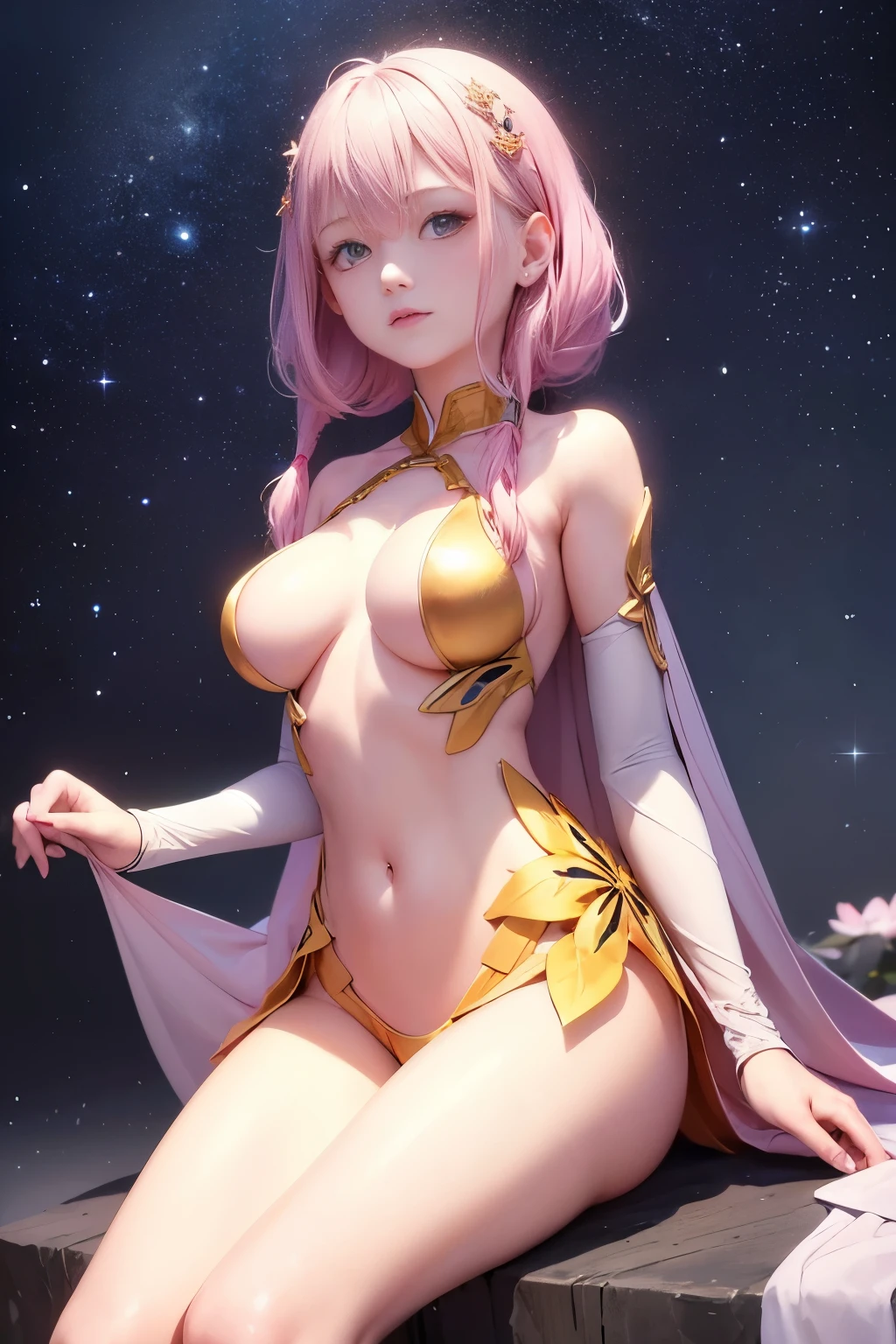 ((highest quality)), ((master piece)), (Super detailed:1.4),(32k images),(ultra high detailed breasts),Best Anime,sharpness,The best wallpapers,Phenomenal depiction,golden ratio, Wind manipulation:1.5,Manipulation of light,(Perfect anatomy without destruction),(Accurate and detailed beautiful eyes,glossy eyes),(shiny hair:1.1,),(her face looks delicate and beautiful. her skin looks delicate and beautiful.),(No expression:1.2),slim body,slim belly, pink hair, tassel pigtails、thin waist,belly button,The detailed breasts, detailed breasts, ((pointed nipples))、The shining white costume is divine々New,gemstone),full moon:1.1, Backgrounds with depth:1.3,hair ornaments,Starry sky, ((I&#39;m taking a photo from the front))