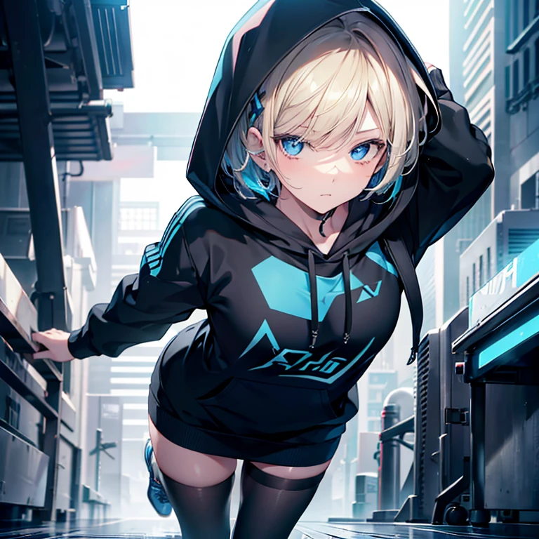 girl,short hair,front hair blue,back hair blond,black hoodie,greyish blue eyes, full body, best quality,realistic,ultra-detailed,studio lighting,physically-based rendering,professional,colorful