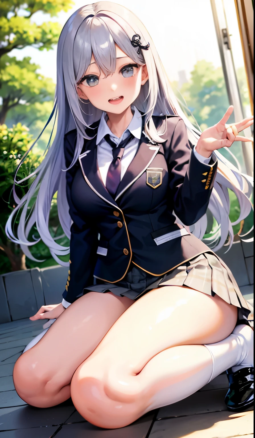 masterpiece:1.3、ultra high resolution:1.3、Beautiful woman、alone、G cup、long hair、two tone hair、beautiful silver hair、sexual excitement、erotic、blush、real moist skin、Stuffy、wet、cute、fashion、uniform、blazer、shirt、skirt、tie、Haori:1.3、outdoors、machine、summer、hand、feet、shoes