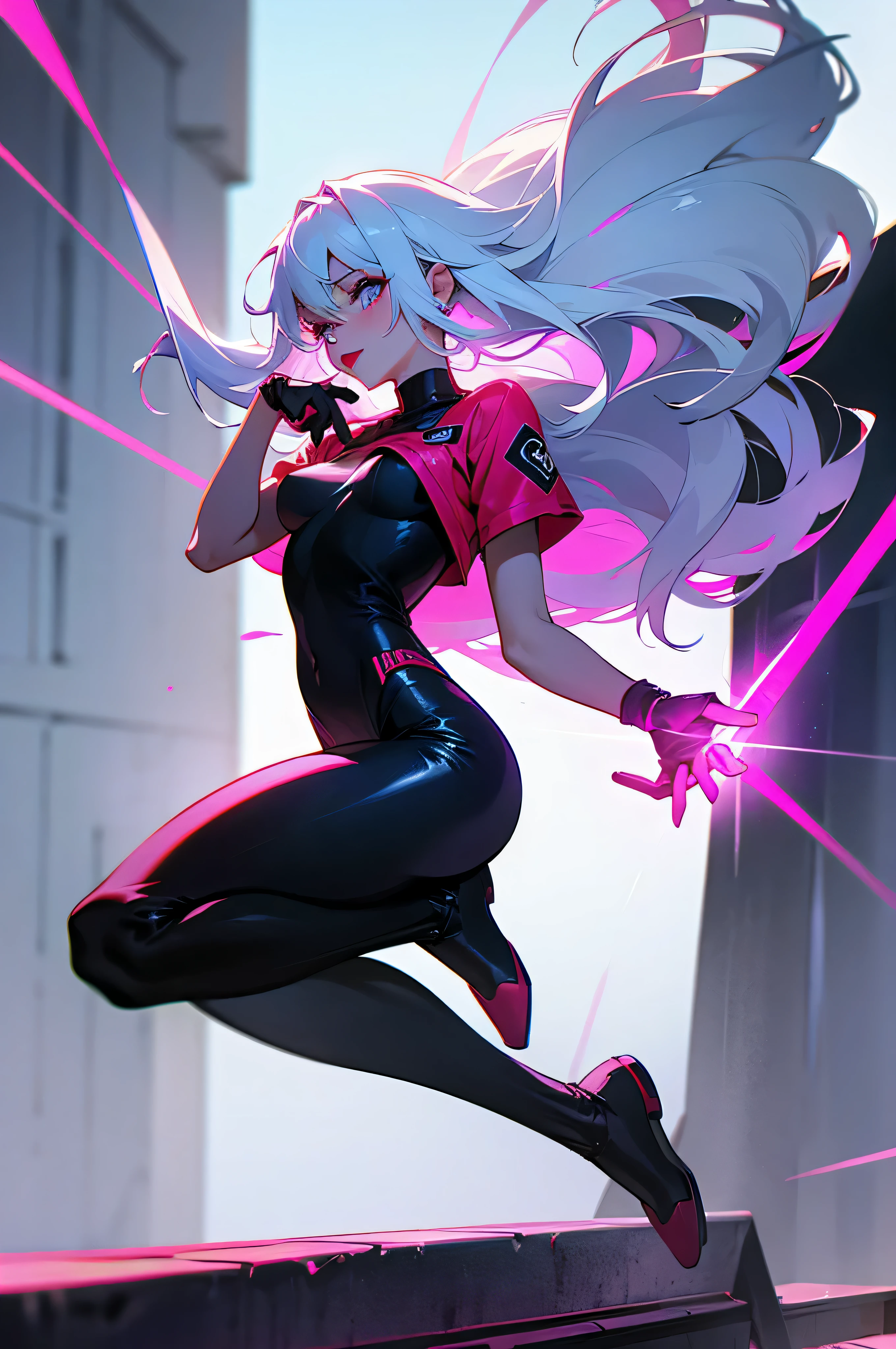 women only、long hair、Parkour、Ｔshirt、Tight long pants、gently、red lipstick、looking at camera、Eyes are pink、bite your lip、small breasts、Neon feeling、neon laser、white people、Full body pure white、Snow-like skin、pure white hair、dark city、dark atmosphere、