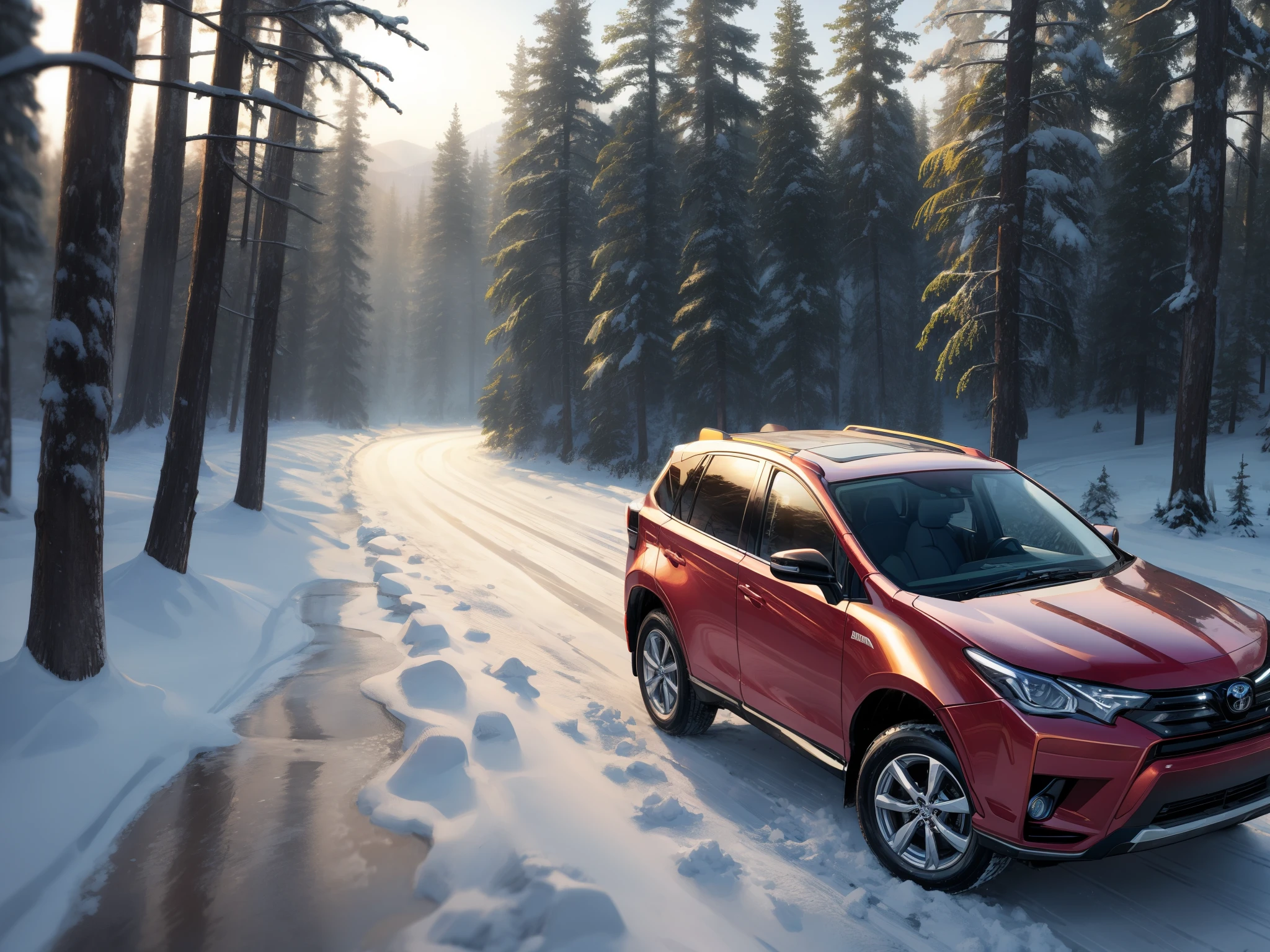 TOYOTA RAV4 driving on a snowy forest road