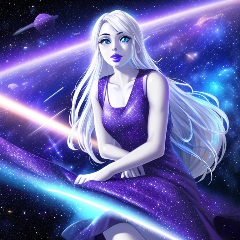 1girl, (solo), (((beautiful, perfect face))), (((long white hair))), (((light blue eyes))), (((silver lipstick))), ((((purple sleeveless dress)))), (((face glitter))), (((outer space))), (((bursting white light in background)))