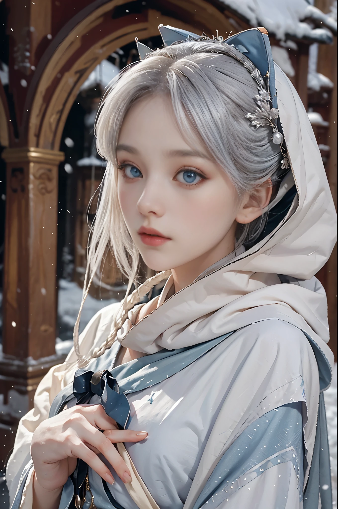 realistically, high resolution, 1 female, alone, (ta costume),Gorgeous costumes attract the audience,upper part of body,Upper body beautiful blue eyes, white hair, eye socket, (External,heavy snow,cloak,blanketed in a mantle of snow),ski resort