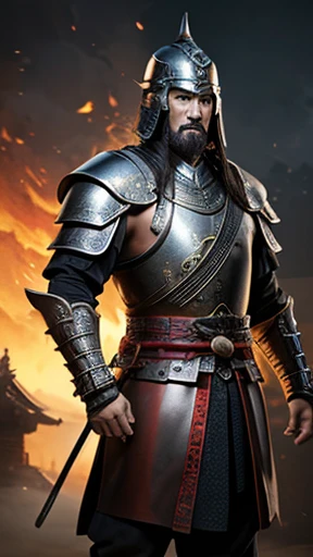 oriental、man in ancient chinese armor、Ancient Chinese man wearing a leather helmet、three kingdom、multiple warlords、highest quality、masterpiece、ultra high resolution、(realistic:1.4)、Game Posters、Clear and beautiful image quality、
