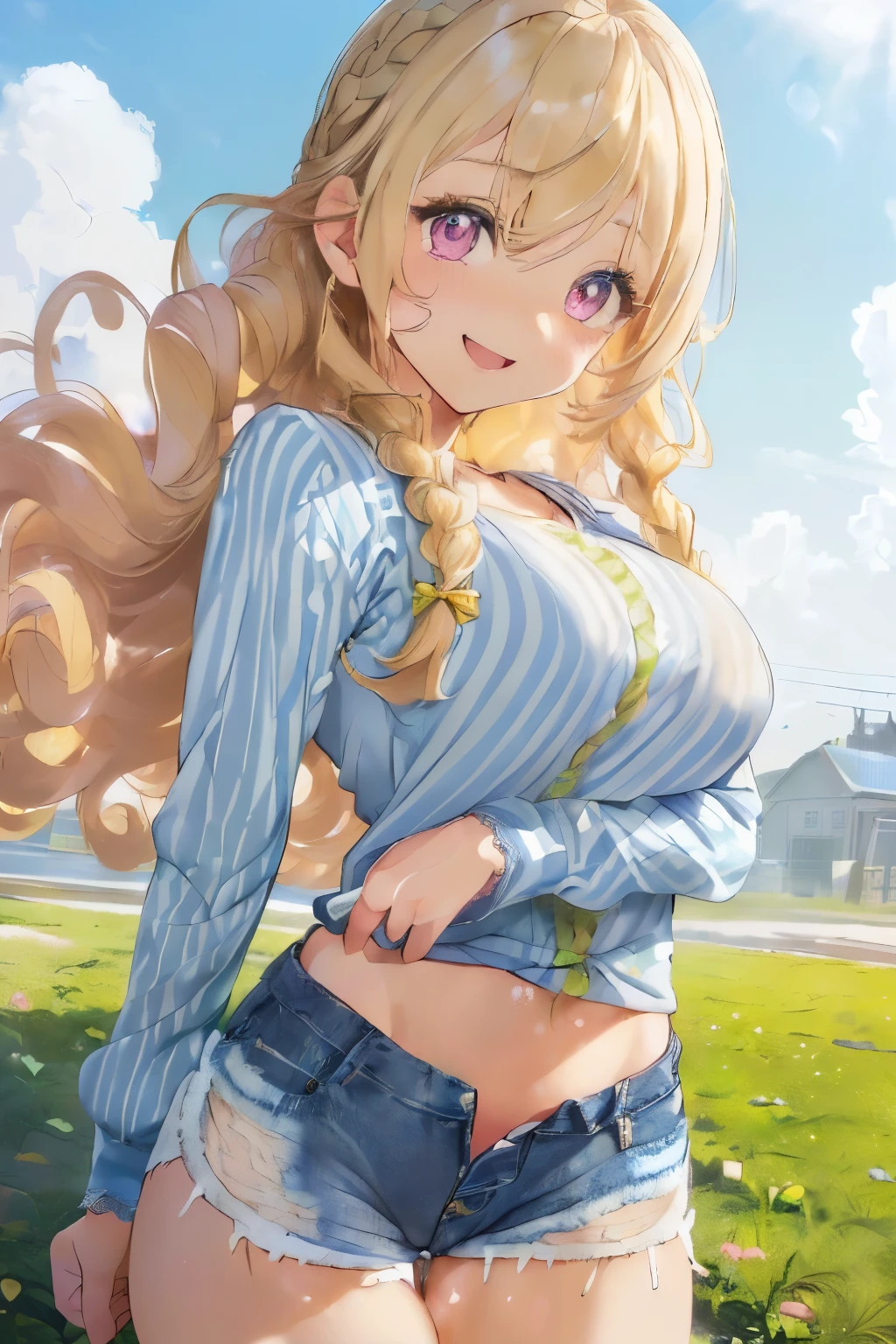 (blonde:1.3),(Curly hair with a lot of fluff:1.4),(braided hair:1.3),(With bangs),(pink eyes:1.25),Slight red tide,(Beautiful breasts spilling out of clothes:1.3),(The eyes are shining brightly:1.2),(eye size:1.7),(Commemorative photo style:1.3),(Looking at camera with a smile:1.25),(smiling with open mouth:1.2),(soft sunlight:1.3),(A soft atmosphere in the sky:1.25),(hair blowing in the wind:1.3),(soft smile:1.3),(cute pose:1.4),(striped long sleeve clothes:1.35),(clothes with lace:1.3),(Volume shorts made of denim material:1.35),(close up of face:1.4),(white, light blue and yellow green),