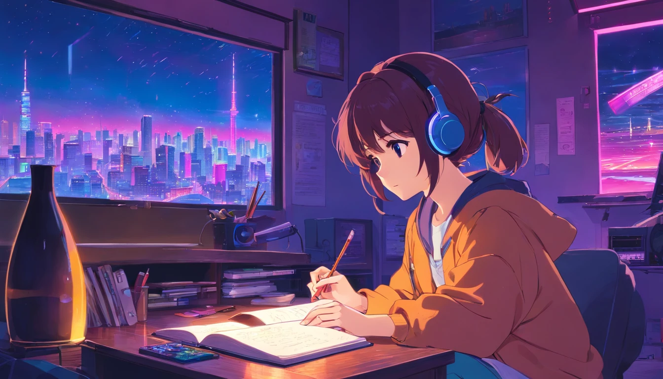 (zero), Girl studying in her room, reading a book, Wear headphones, , night lights, Neon landscape on a rainy day,Analog Color Theme, Lo-Fi Hip Hop , retrospective, flat, 2.5D ,Draw a line, Ink Drawing, Large slope, Watercolor painting, Goosch Colors, Studio Ghibli Style, Awesome colorful, Outer Ton, Synthwave, lofi art,90s style,Old texture, amplitude,90s vibe, masutepiece, Tremendous technology, 16:9 scale