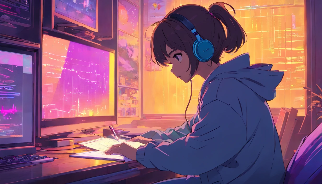 (zero), Girl studying in her room, reading a book, Wear headphones, , night lights, Neon landscape on a rainy day,Analog Color Theme, Lo-Fi Hip Hop , retrospective, flat, 2.5D ,Draw a line, Ink Drawing, Large slope, Watercolor painting, Goosch Colors, Studio Ghibli Style, Awesome colorful, Outer Ton, Synthwave, lofi art,90s style,Old texture, amplitude,90s vibe, masutepiece, Tremendous technology, 16:9 scale