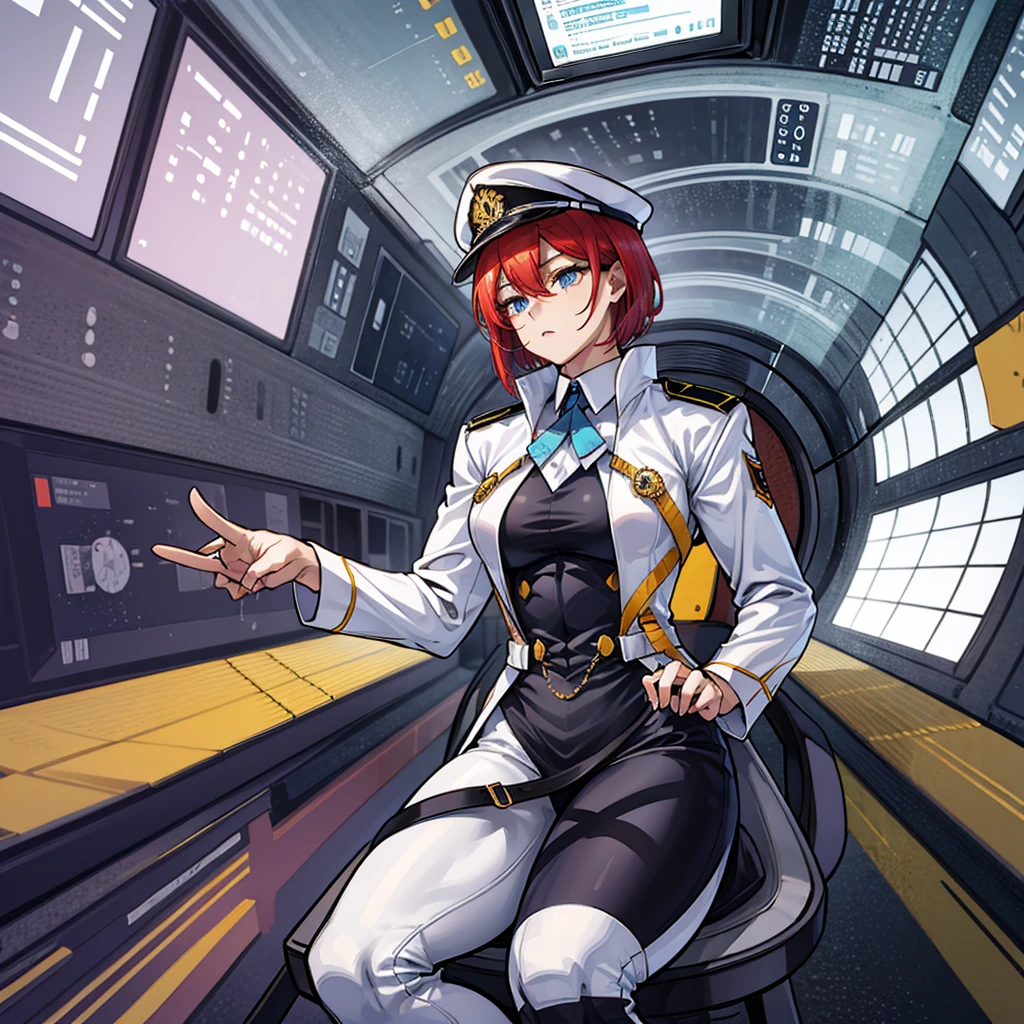 （（（masterpiece、Highest image quality、highest quality、highly detailed unity 8ｋwallpaper）））、（Illustration of one woman）、30 years old、（Viceroy）、（（Red-haired shorthair、sidelocks、blue eyes））、（（tall、stocky build, thickset physique, muscular legs, broad shoulders, solid chest））、（（Military uniforms、Military Cap、Military coat））、（white clothes、White pants、white hat）、trench coat、（（（manspreading、Sitting in the captain's seat）））、（（（Inside a futuristic spaceship、Surrounded by instruments and monitors、The Universe on the Monitor、Earth seen from space）））