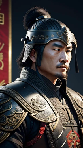 oriental、man in ancient chinese armor、Ancient Chinese man wearing a leather helmet、three kingdom、multiple warlords、highest quality、masterpiece、ultra high resolution、(realistic:1.4)、Game Posters、Clear and beautiful image quality、