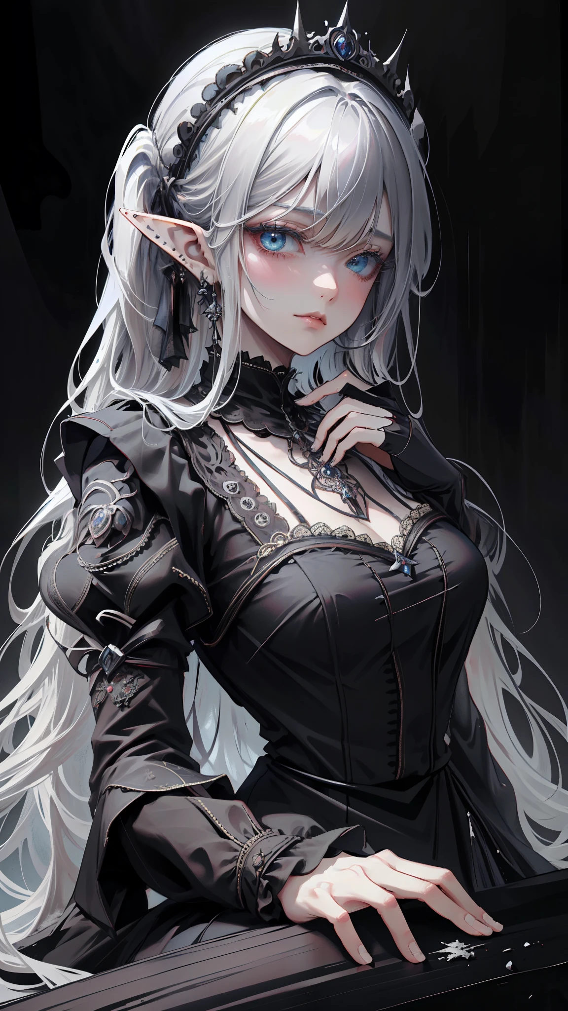 ((masterpiece )), (top quality), (best quality), ((ultra-detailed, 8k quality)), Aesthetics, volumetric lighting, (detailed line art), 
BREAK, 
highly detailed of (elf), (1girl), perfect face, details eye, double pigtails hair, Blunt bangs, (hair between eye), white hair, blue eyes, eyelashes, eyeshadow, pink eyeshadow, light smile, design art by Artgerm, by Kawacy, By Yoshitaka Amano,
BREAK,
portrait, frensh maid in a frensh maid outfit, victorian goth maid, headdress, indoors, ((antique victorian mansion)), dusty, dimly lit, candleholders, covered in cobwebs, cowboy shot, dynamic angle, side table, dangling her feet, sleepy eyes, tired expression, utmost boredom, looking at viewer, rests her chin on her hand, (graphic background, (plain background)), correct anatomy, amano yoshitaka, webbedtech, fuzzy organic webs, eroguronansensu, horror, ゴート, gothic artstyle,
BREAK, 
((perfect anatomy)), nice body, medium breast, extremely detailed finger, best hands, perfect face, beautiful face, beautiful eyes, perfect eyes, perfect fingers,