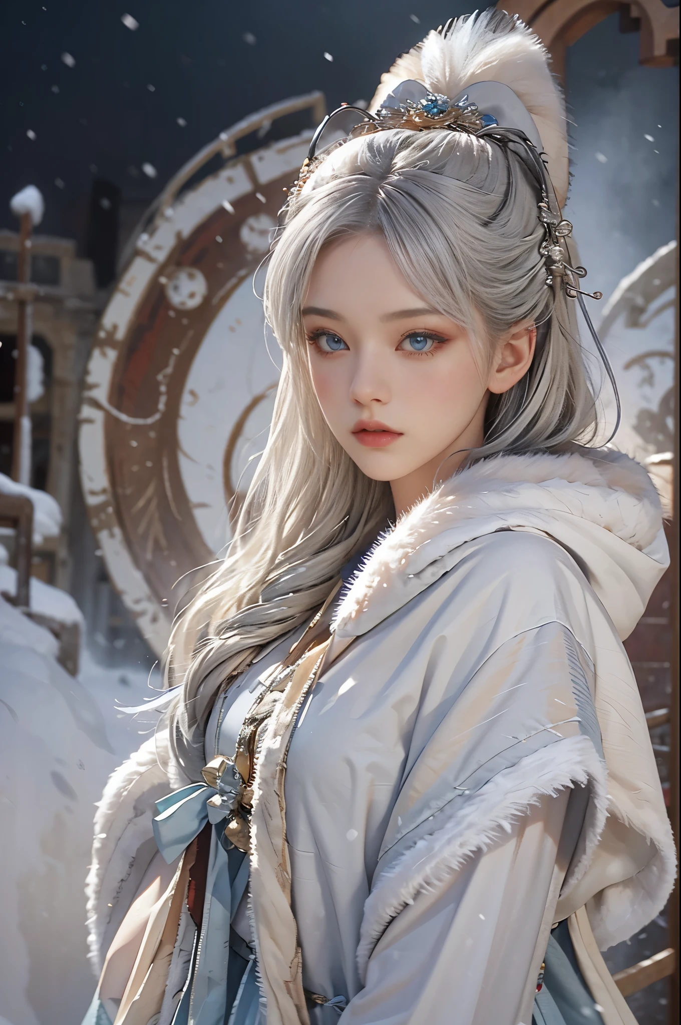 8K,realistically, high resolution, 1 female, alone, (Lolita costume),Gorgeous costumes attract the audience,beautiful blue eyes, white hair, eye socket, (External,heavy snow,fur-edged cloak,blanketed in a mantle of snow),snow,