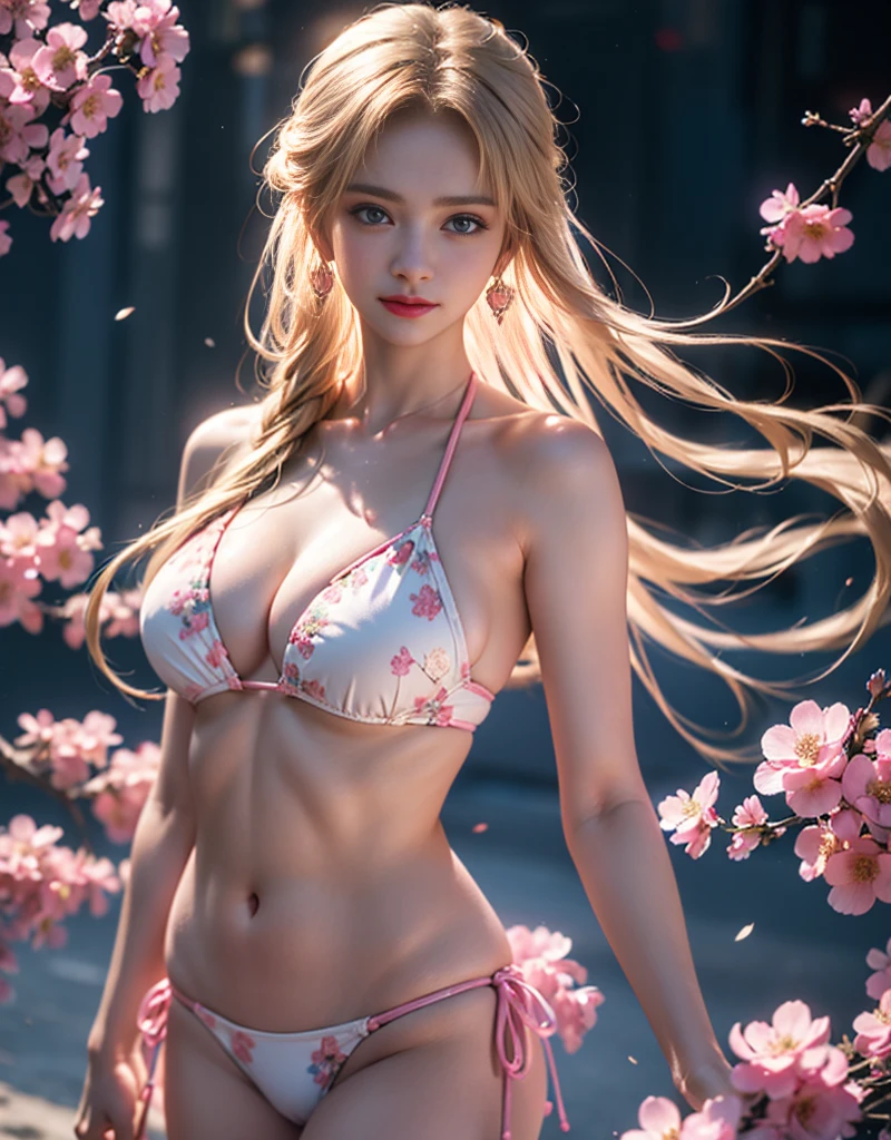 masterpiece，Highest image quality，Super detailest quality ,extremely delicate and beautiful, Very detailed,best quality, official art, Extremely detailed CG unified 8k wallpaper, portrait photo, The most beautiful look，Blonde hair, blue eyes，Radiant skin and radiant eyes, beautiful skin,(detailed lighting:1.2), (Beautiful and detailed light:1.3), deep understanding, beautiful nude color, complex, digital painting, Smooth, sharp focus, end of the world, epic reality,looking at camera， (high dynamic range:1.4),face camera， (pastel colors:1.4), beautiful big breasts，end of the world的, give up, neutral color, night, screen space refraction, (intricate details, Super detailed:1.3), art station, movie shot, vignette, complex background, buliding，charming smile，Blushed，Shy，detailed background，（Various colors of dream catcher earrings missing color，Color is black，White，pink，Purple，red，blue，orange color，green，blue，，），sexy and sultry，（exposed，camel toe，comb neatly，），The sexiest look，Ultra thin，translucent，lace，hollowed out，Twisted braided kini swimsuit，hollowed out比基尼，floral bikini，floral print bikini set,纵月网纱刺绣内搭法式绑带lace文胸，Crystal Pink Diamond Strap Bikini，pink背景，