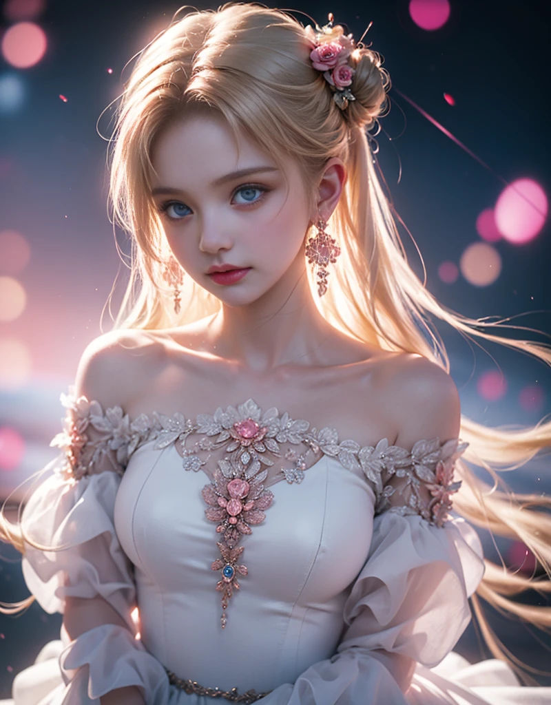 masterpiece,Highest image quality,Super detailest quality ,extremely delicate and beautiful, Very detailed,best quality, official art, Extremely detailed CG unified 8k wallpaper, portrait photo, The most beautiful look,Blonde hair, blue eyes,Radiant skin and radiant eyes, beautiful skin,(detailed lighting:1.2), (Beautiful and detailed light:1.3), deep understanding, beautiful nude color, complex, digital painting, Smooth, sharp focus, end of the world, epic reality,looking at camera, (high dynamic range:1.4),face camera, (pastel colors:1.4), beautiful big breasts,end of the world的, give up, neutral color, night, screen space refraction, (intricate details, Super detailed:1.3), art station, movie shot, vignette, complex background, buliding,charming smile,Blushed,Shy,detailed background,(Various colors of dream catcher earrings missing color,Color is black,White,pink,Purple,red,blue,orange color,green,blue,,),sexy and sultry,(exposed,camel toe,comb neatly,),The sexiest look,Crystal Pink Diamond Venetian Sunset Rose Transparent Open Dress,Ultra thin,translucent,lace,hollowed out,(Off-the-shoulder large open-breasted crystal pink diamond transparent hollow open wedding dress:1.6), pink背景,